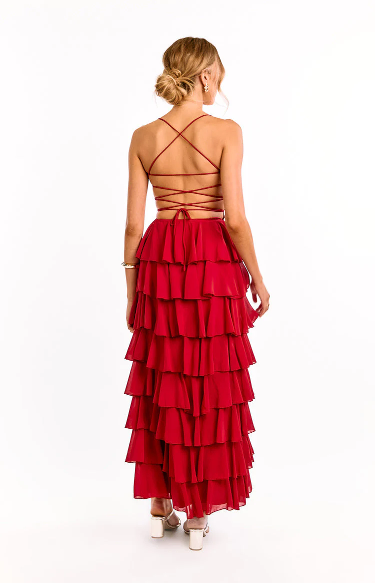 Kim Red Strapless Ruffle Maxi Dress