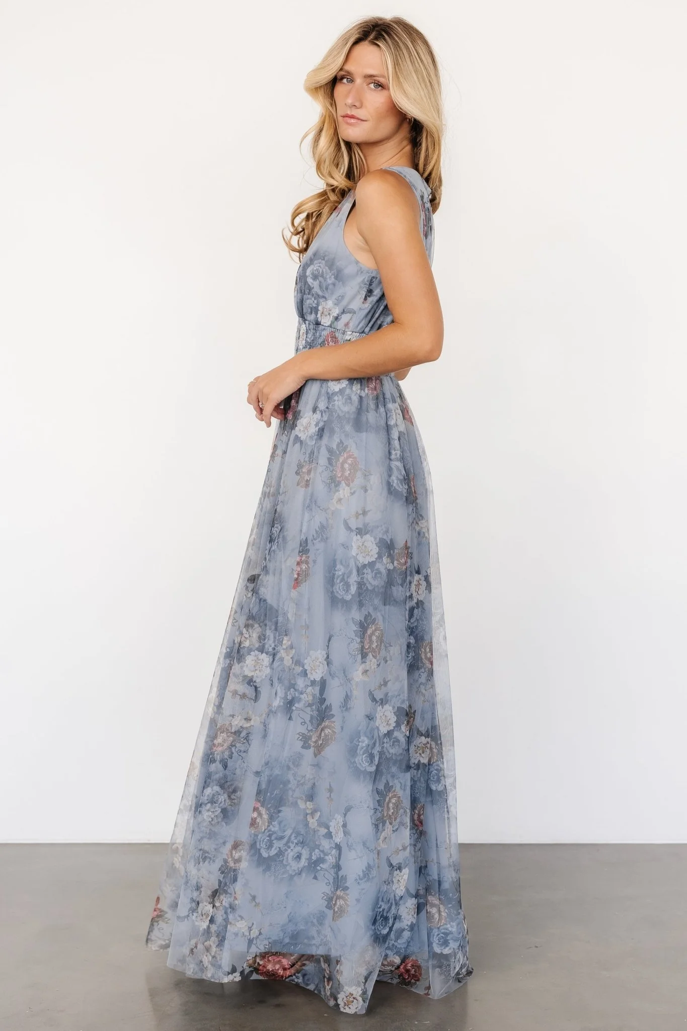 Kamila Tulle Maxi Dress | Dusty Blue Floral