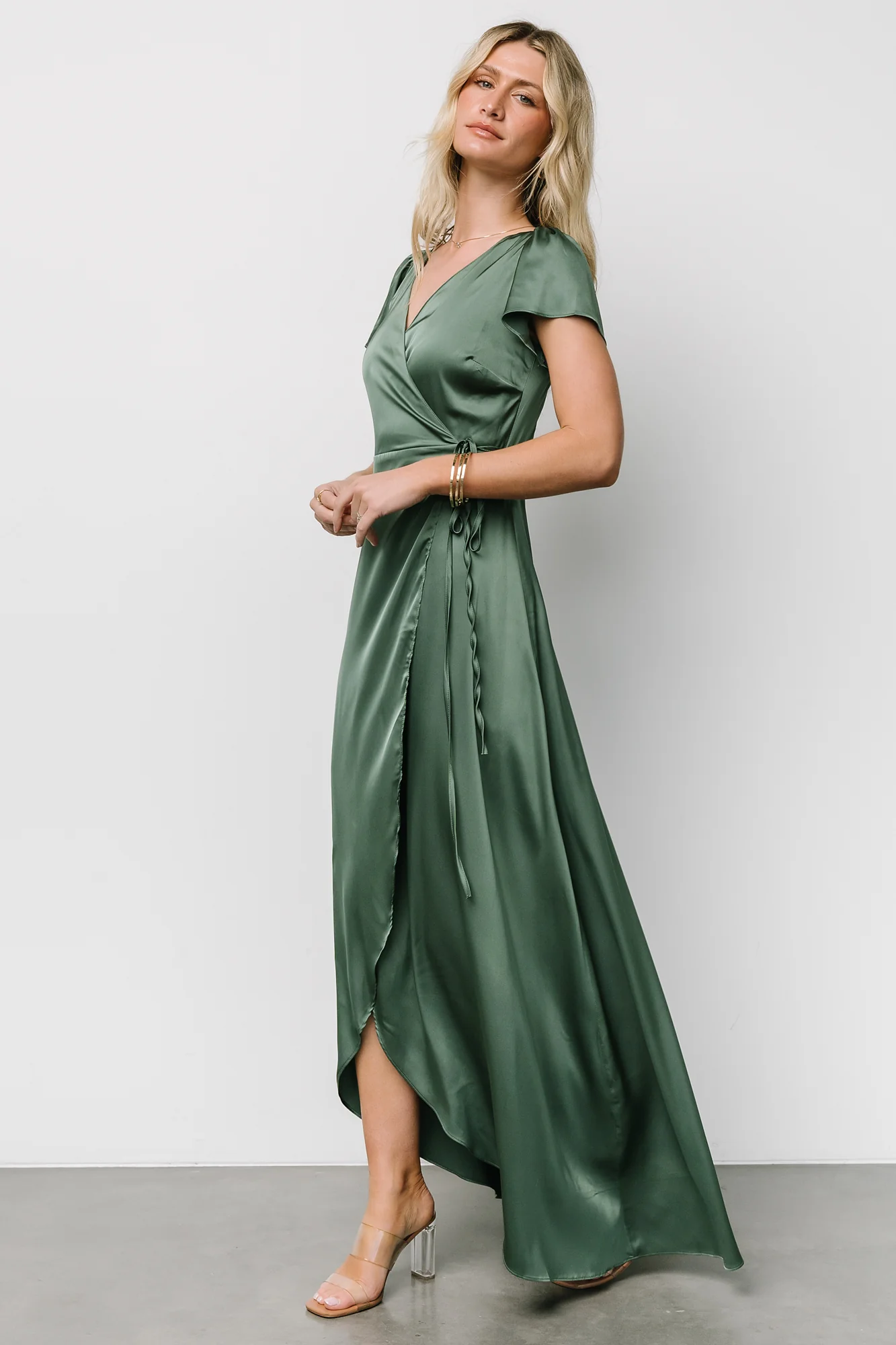 Krystal Satin Wrap Gown | Winter Green