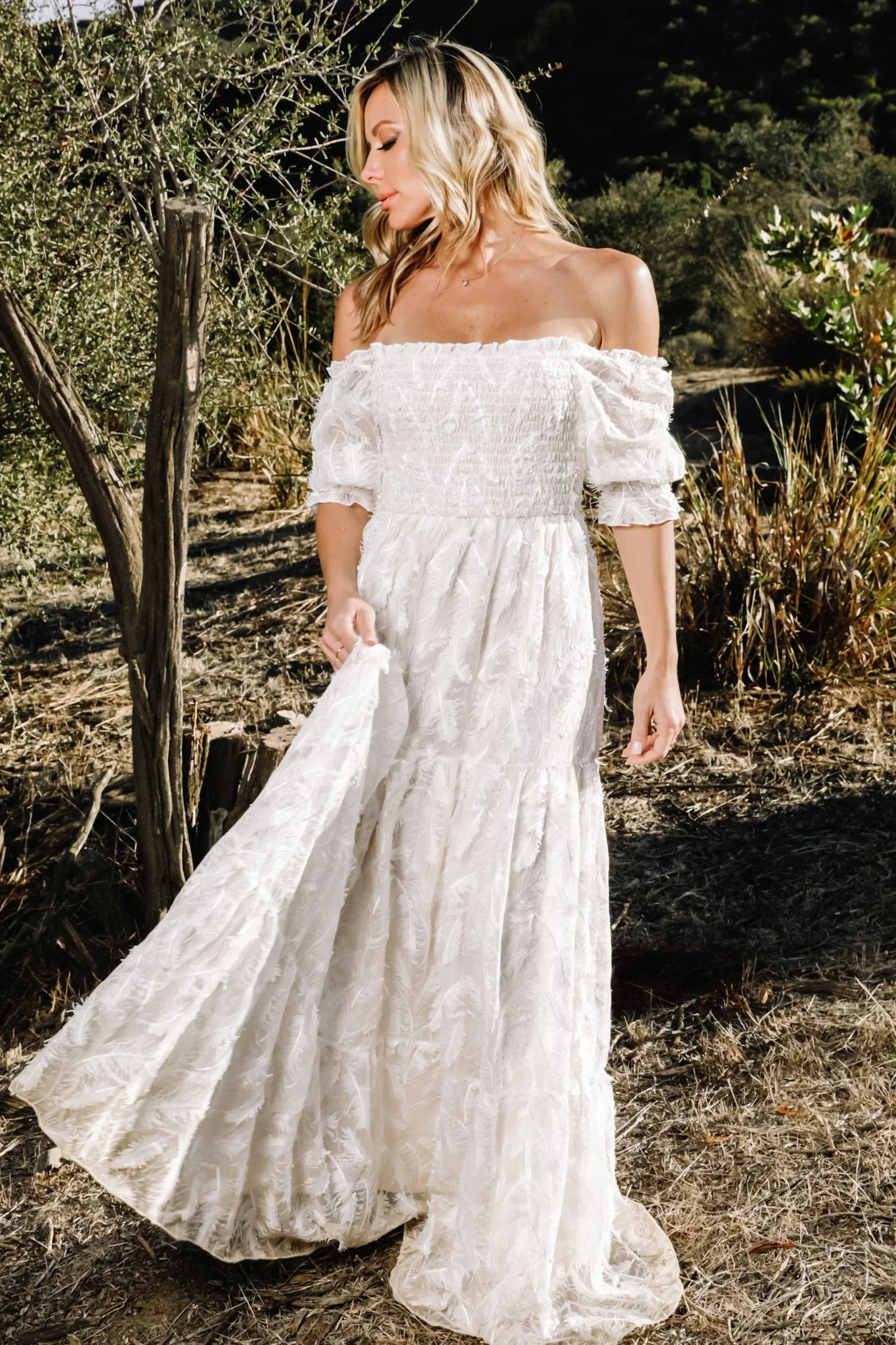 Paloma Smocked Feather Maxi Dress | Off White