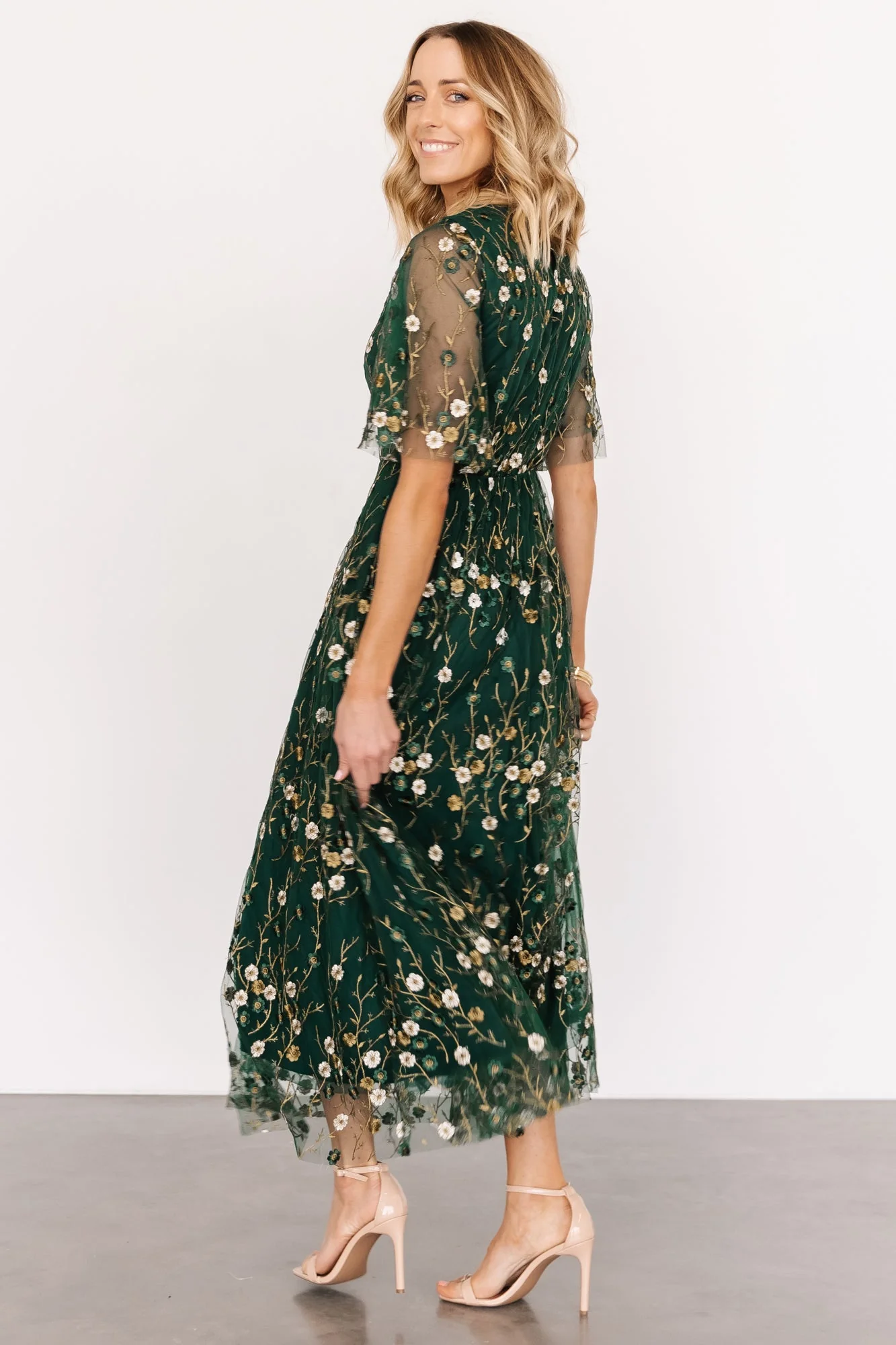 Arabella Embroidered Tulle Maxi Dress | Dark Green Floral