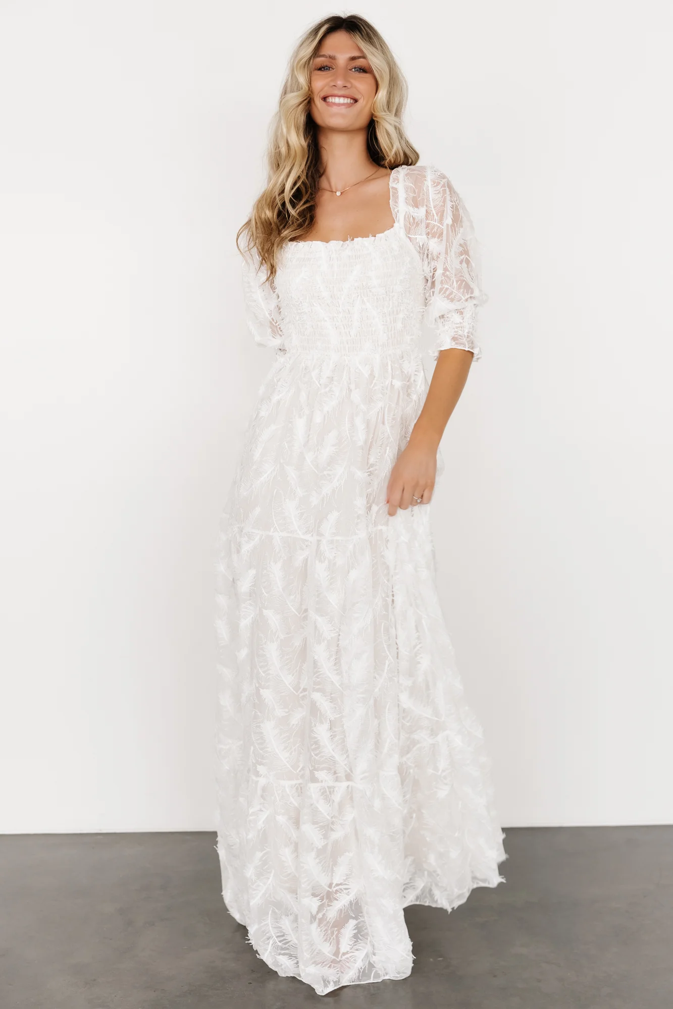 Paloma Smocked Feather Maxi Dress | Off White