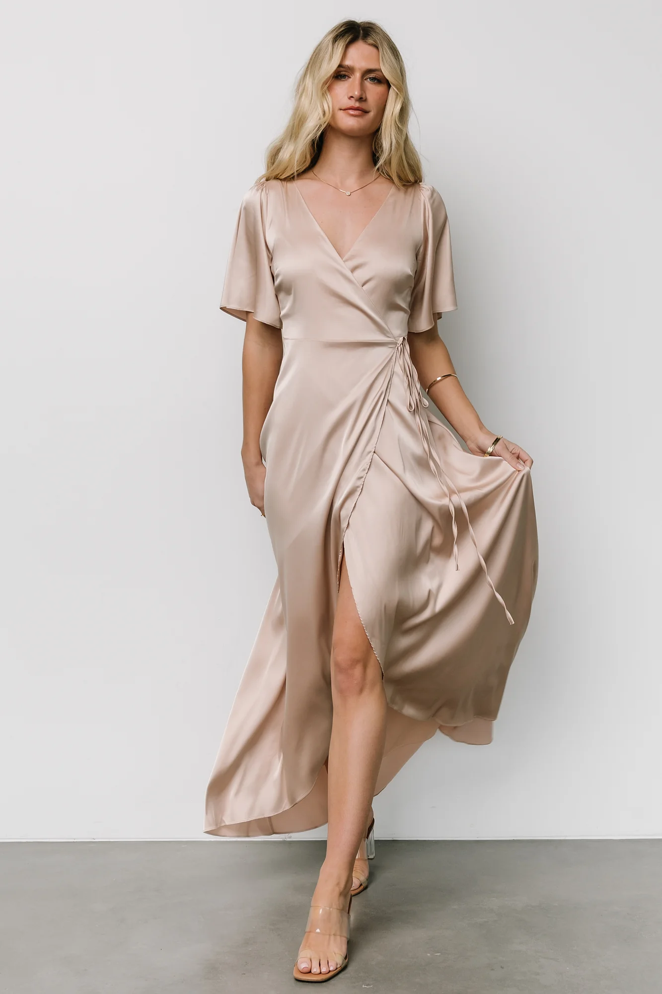 Vara Satin Maxi Wrap Dress | Champagne