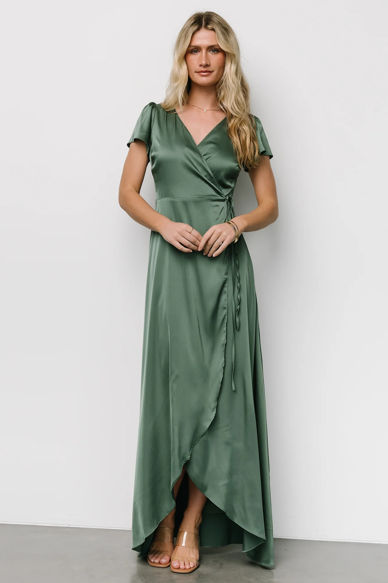 Krystal Satin Wrap Gown | Winter Green