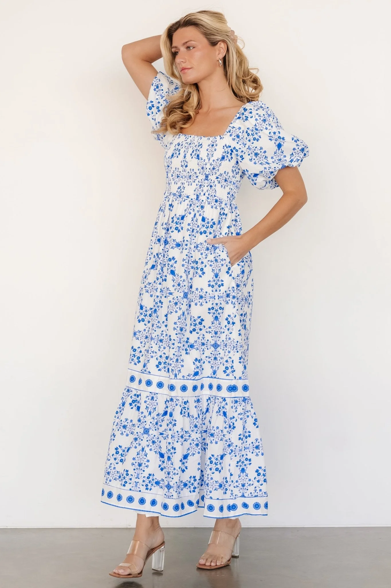 Lexa Smocked Maxi Dress | Off White + Blue Floral