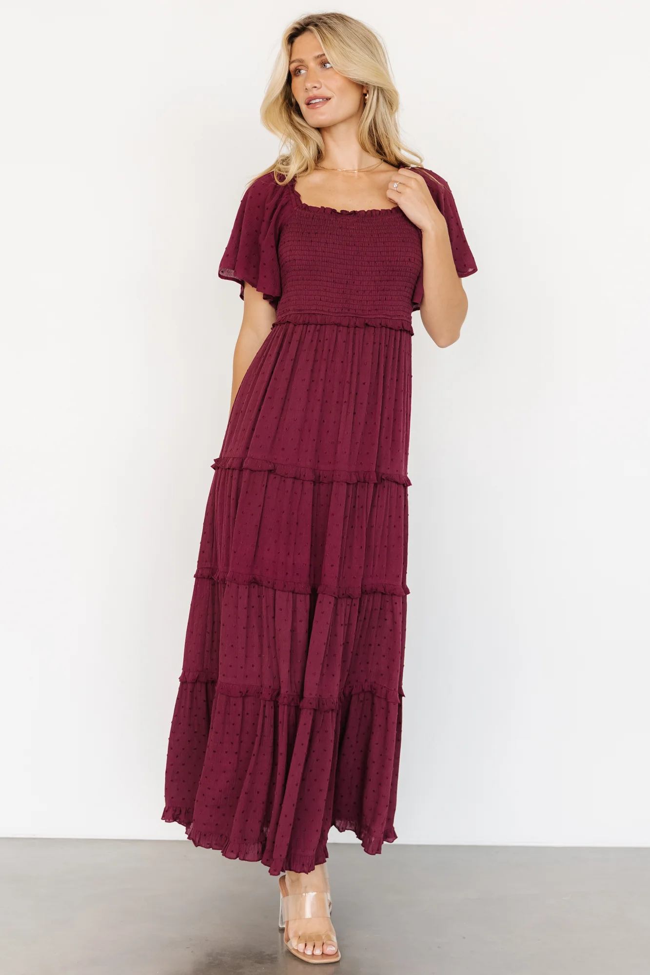 Lenora Smocked Dotted Maxi Dress | Wine