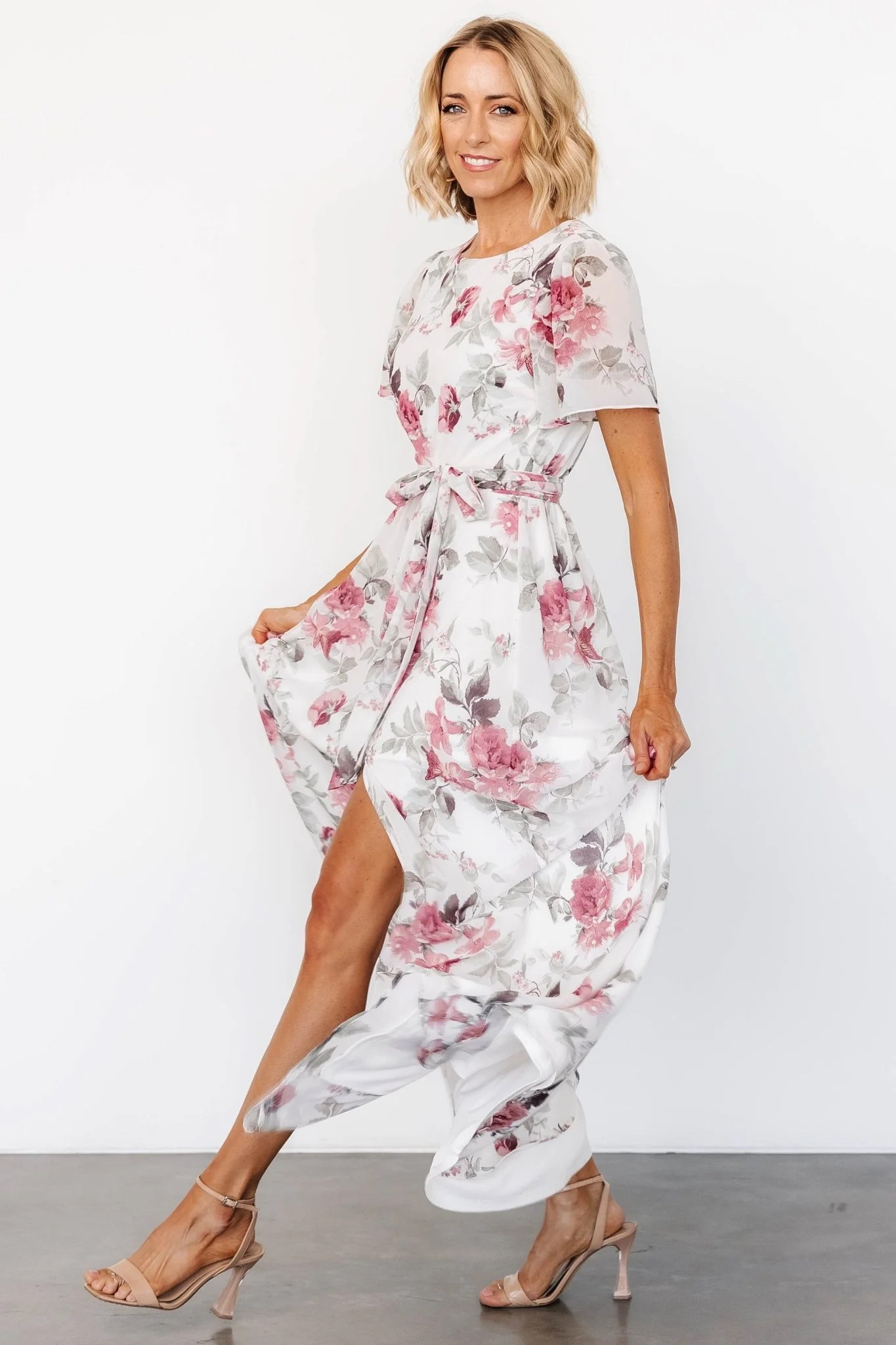 Naomi Short Sleeve Maxi Dress | Off White + Rose Floral