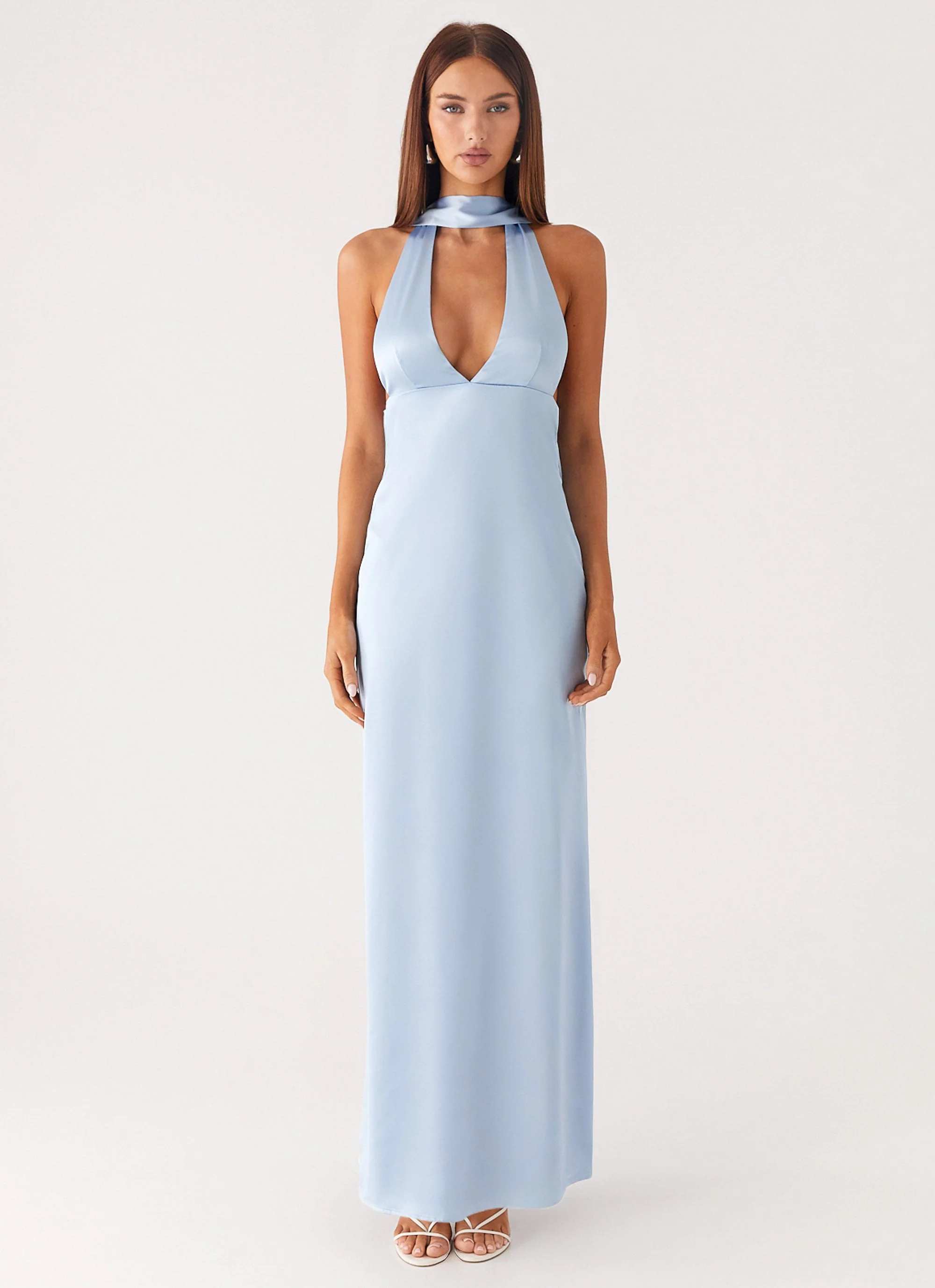 Alicia Satin Halter Maxi Dress - Baby Blue
