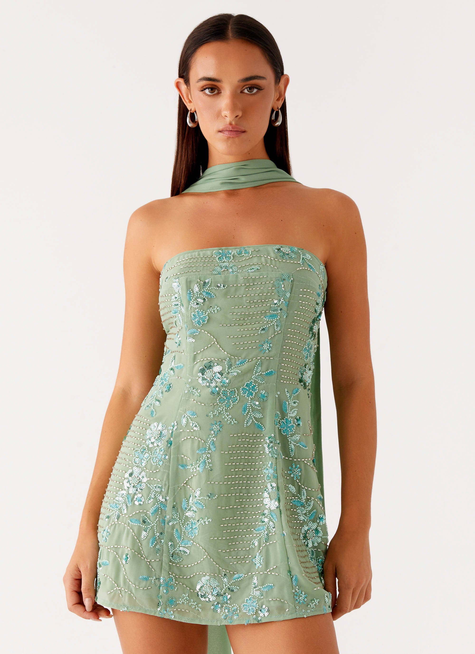 Kiesha Strapless Scarf Mini Dress - Mint