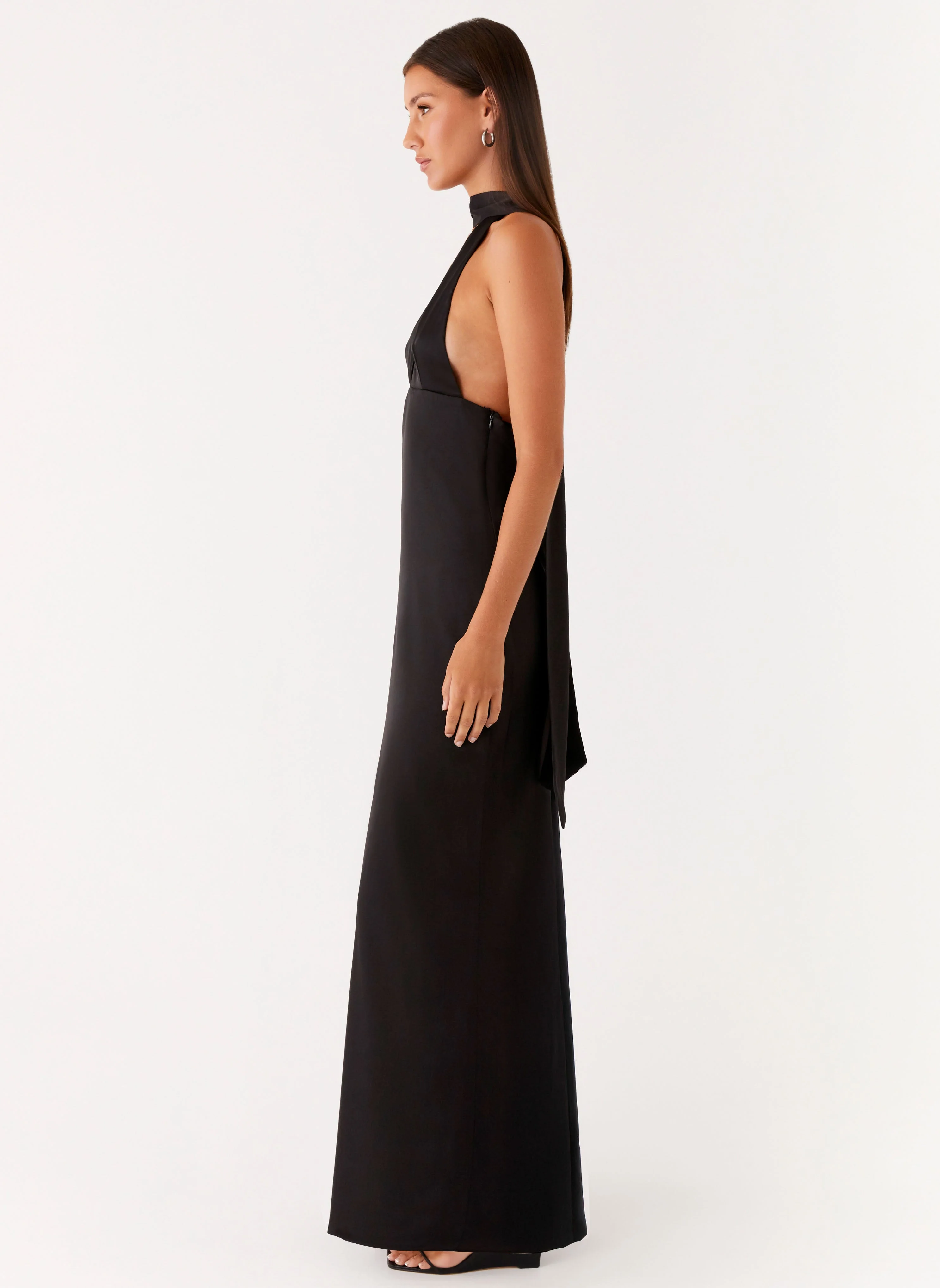 Alicia Satin Halter Maxi Dress - Black