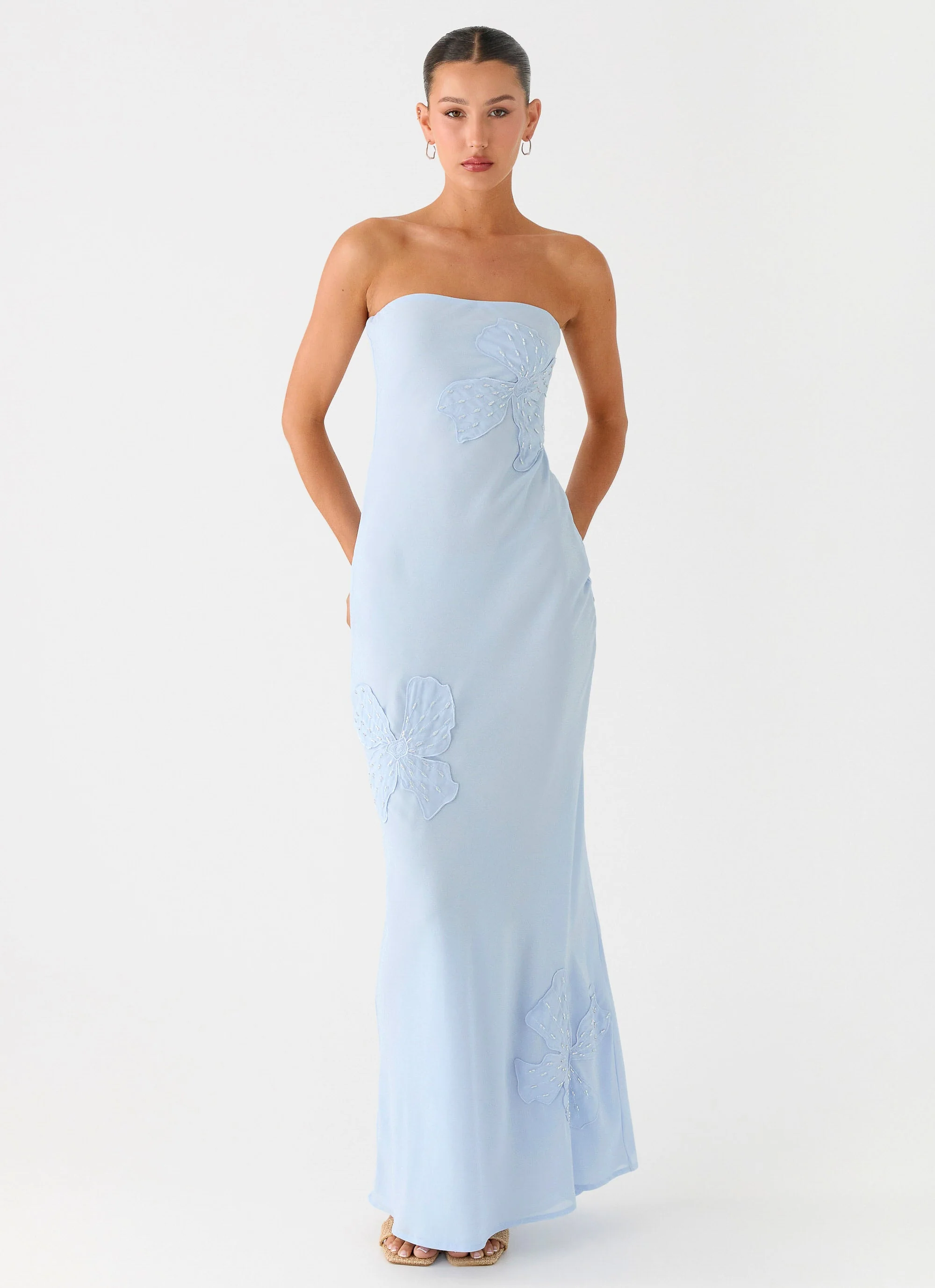 Sassafras Beaded Flower Strapless Maxi Dress - Blue