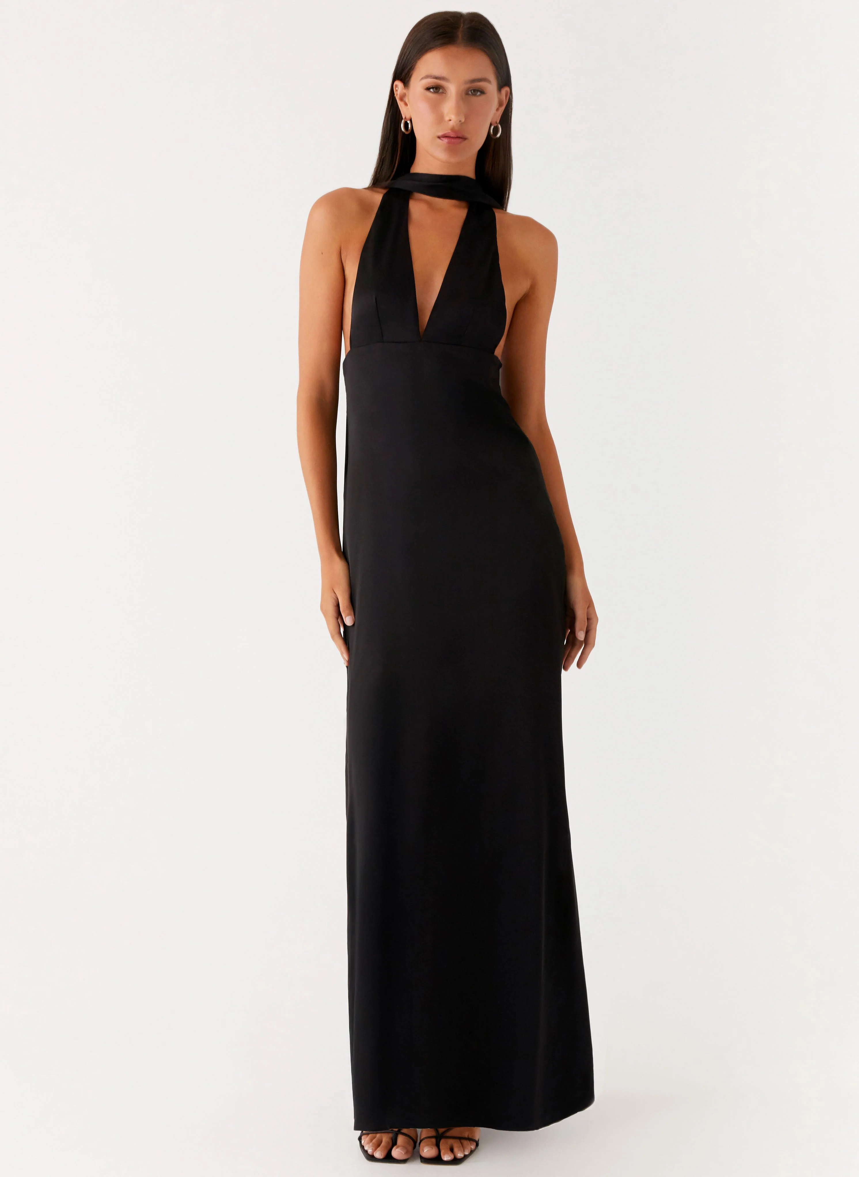 Alicia Satin Halter Maxi Dress - Black