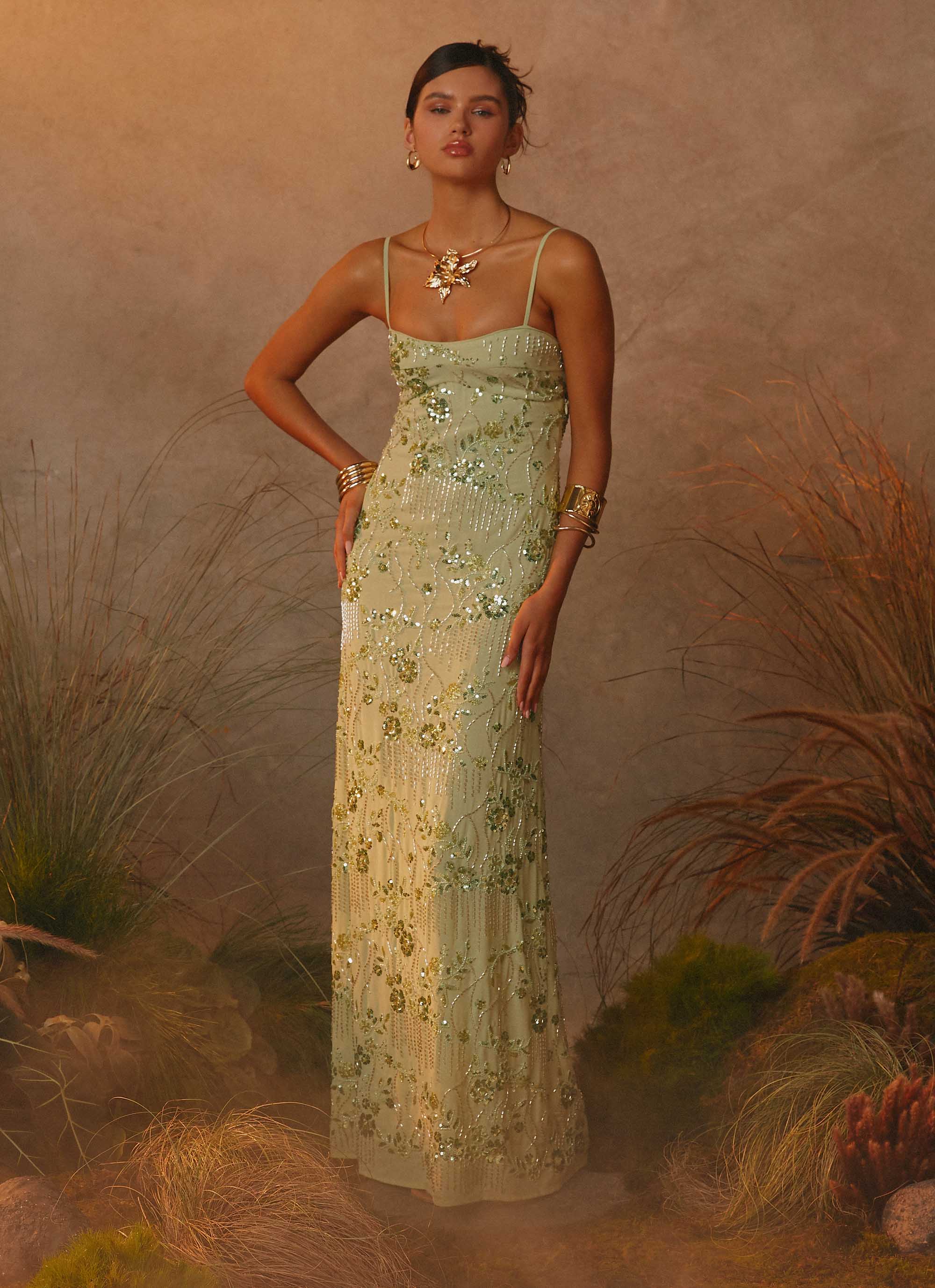 Celandine Beaded Maxi Dress - Lime