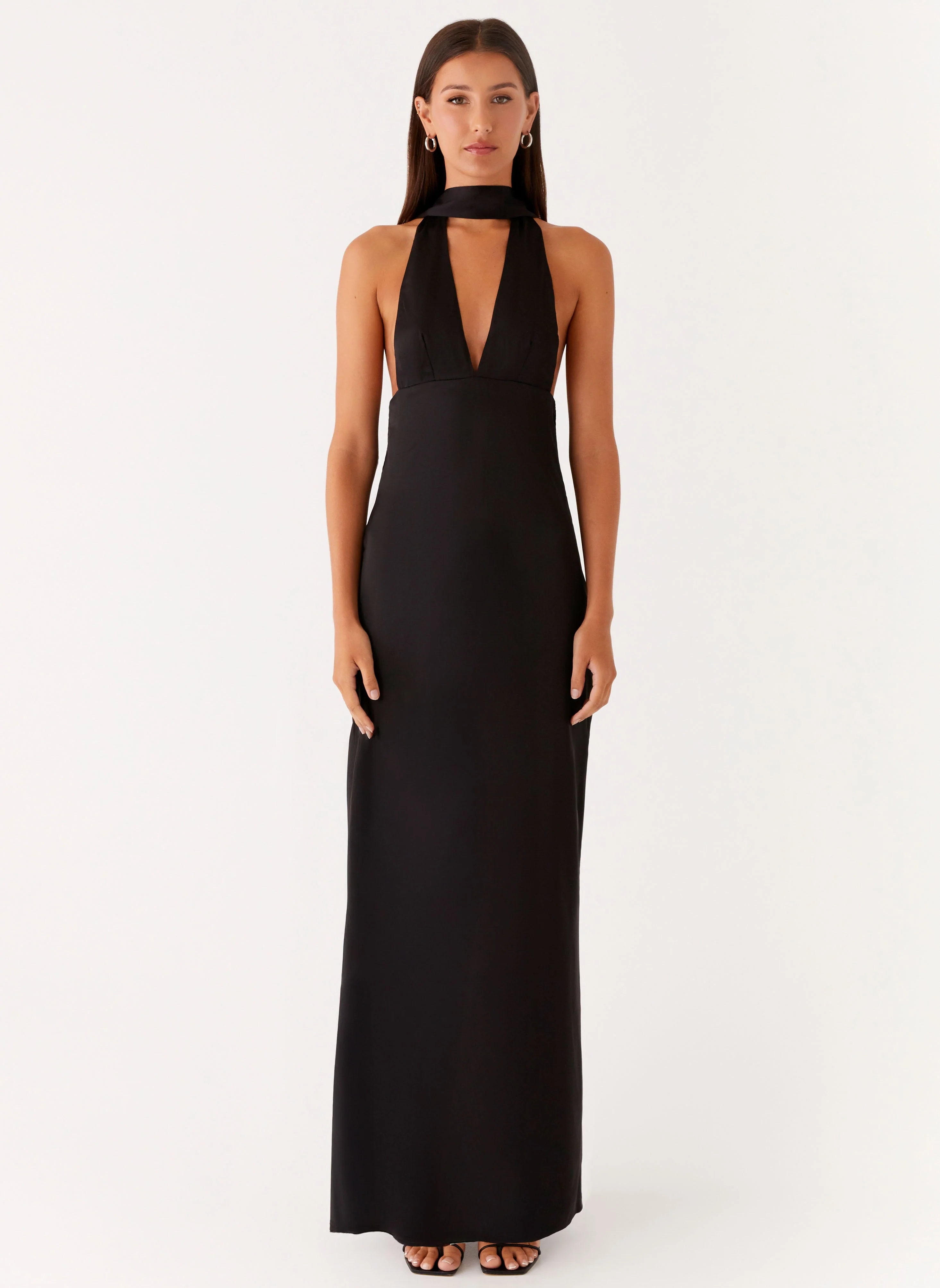 Alicia Satin Halter Maxi Dress - Black