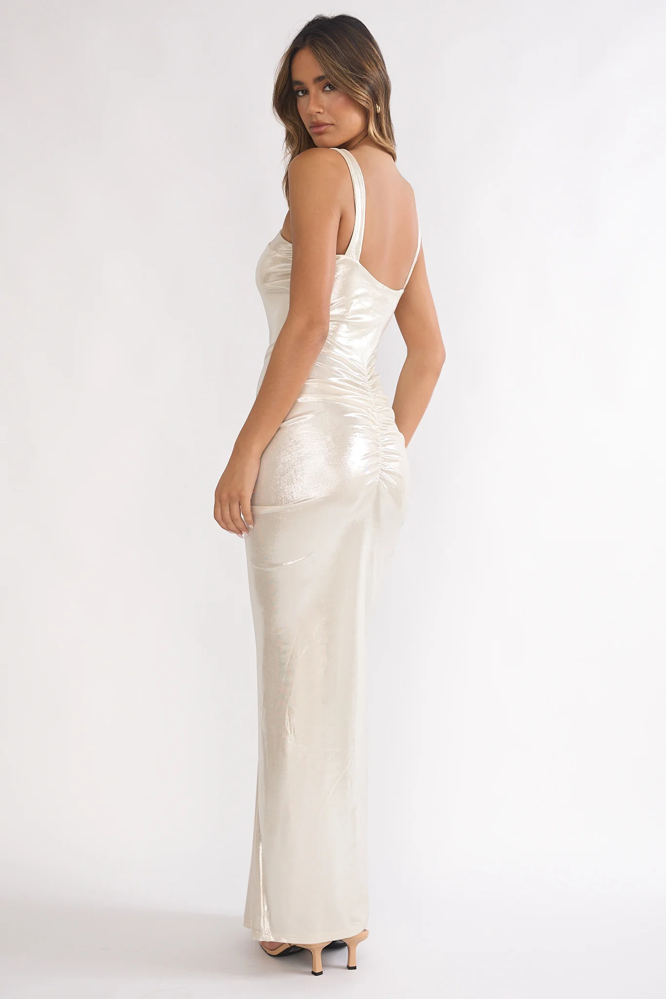 Delaina Ruched Waist Gold Accent Maxi Dress Pearl