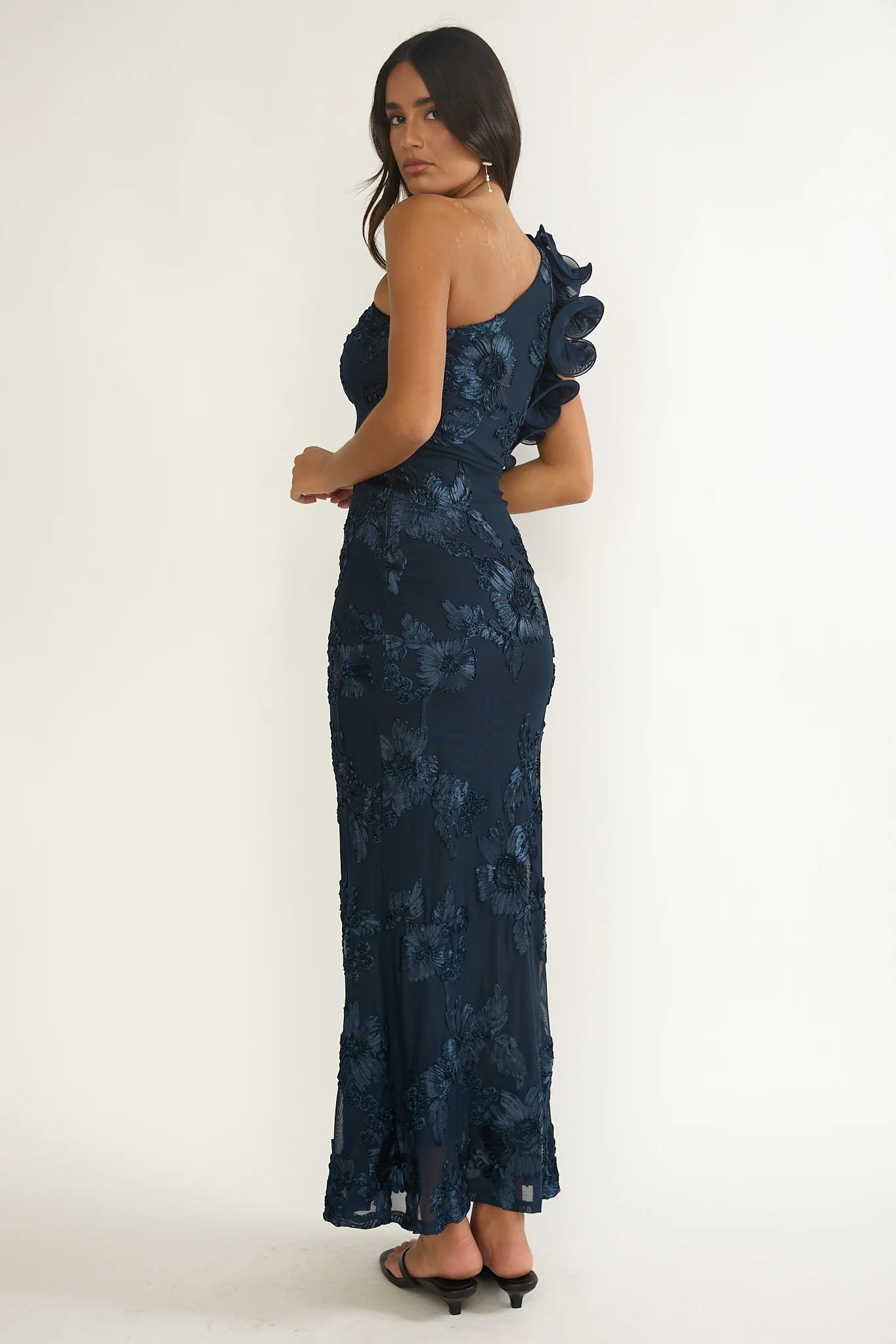 Deanna One-Shoulder Ruffle Maxi Dress Floral Navy
