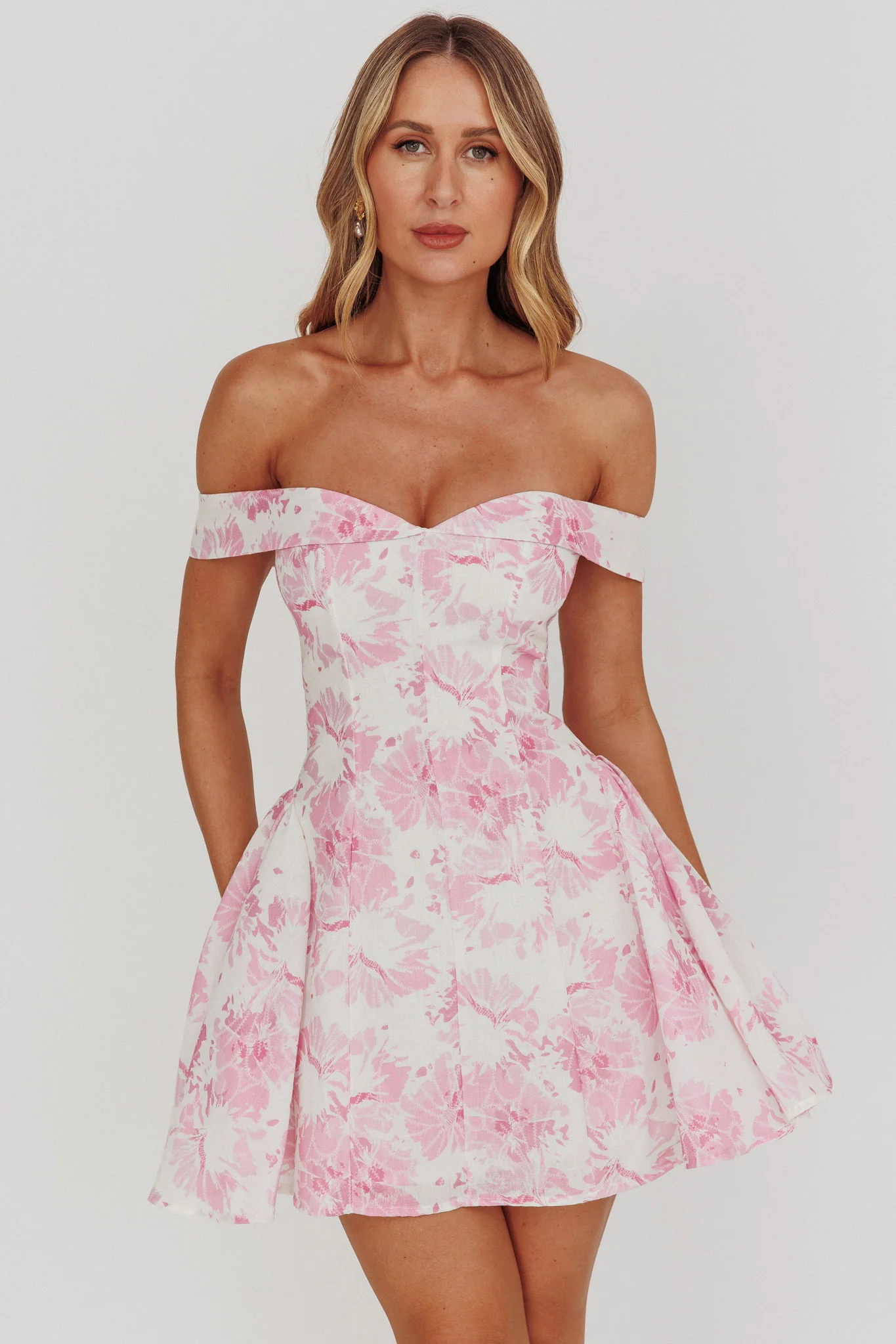 Courting Off-Shoulder Mini Dress Floral Pink