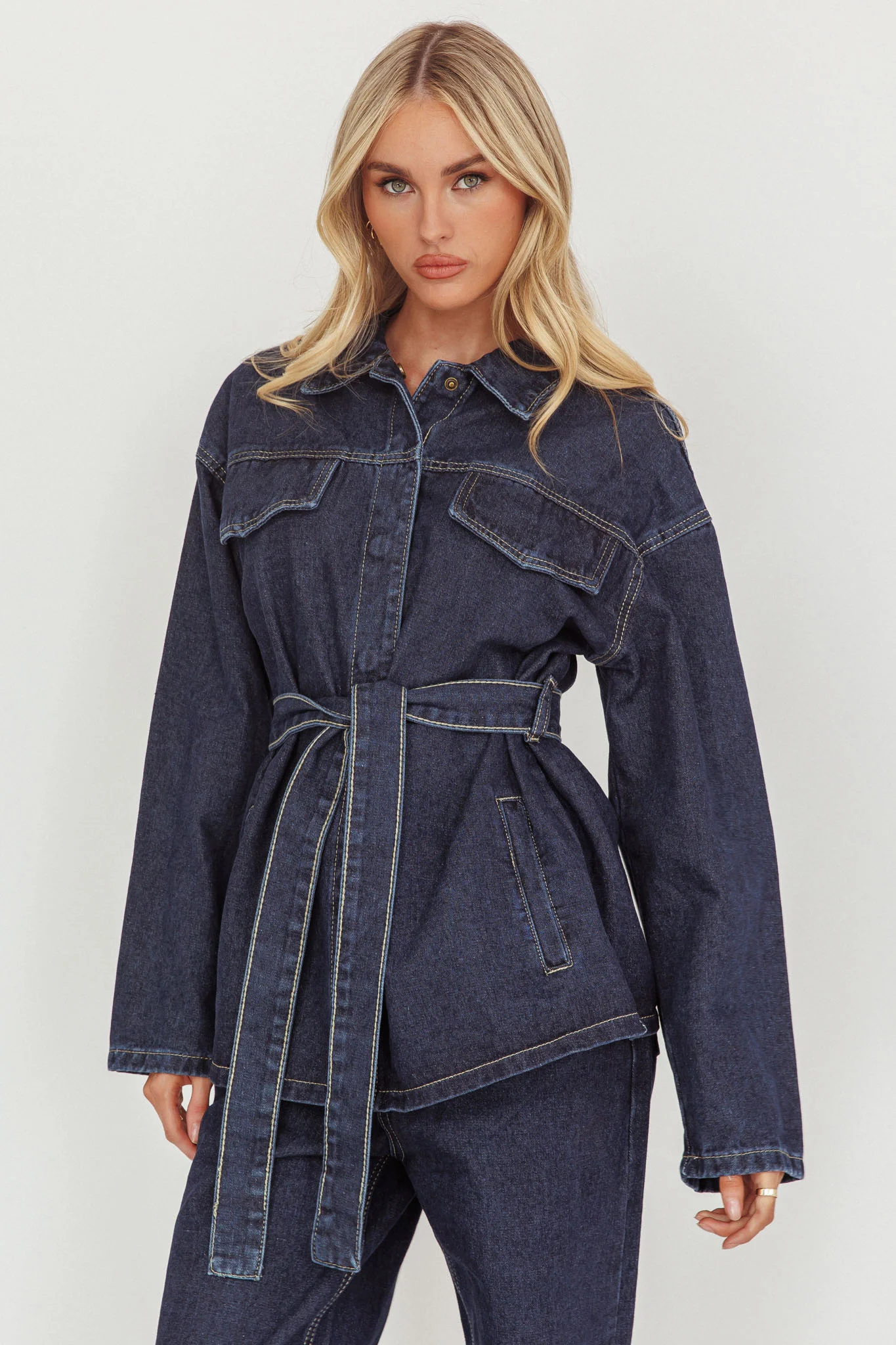 Belisse Waist Tie Button Jacket Denim Blue