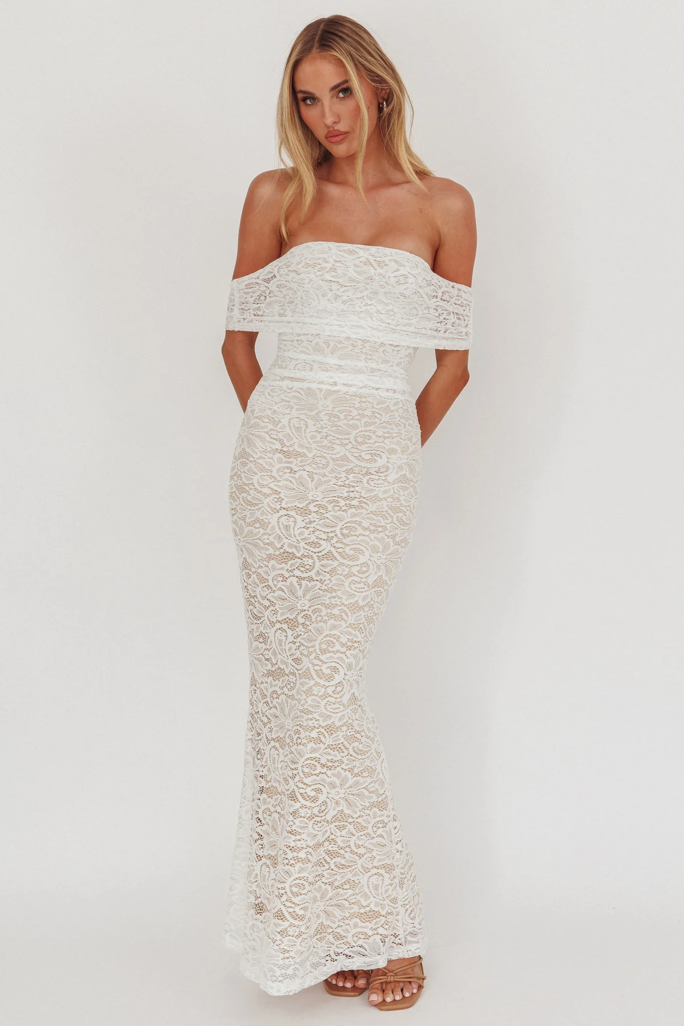 Flutters Off-Shoulder Lace Maxi Dress White