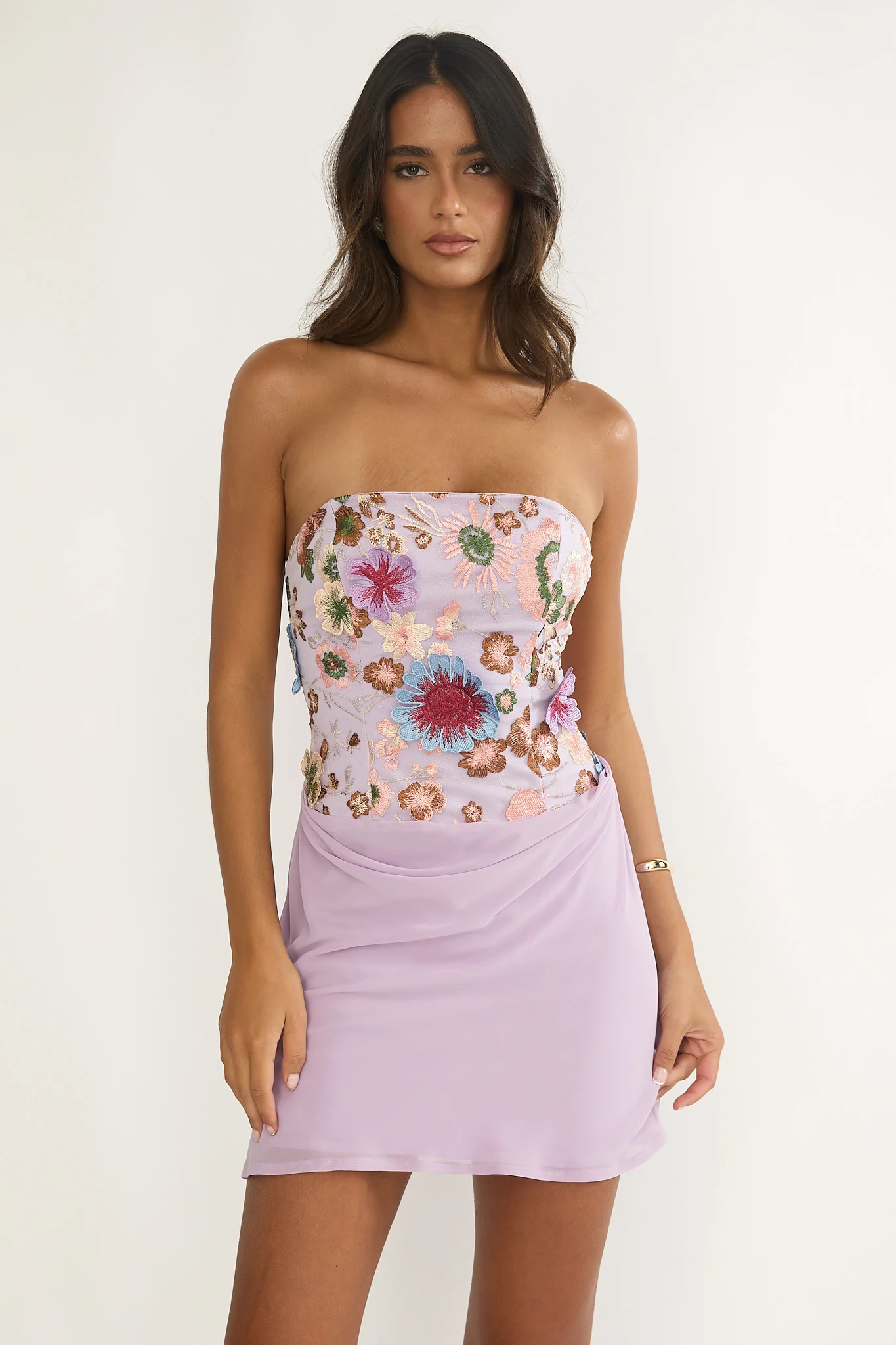 Ulyssia Strapless Floral Embellished Mini Dress Purple