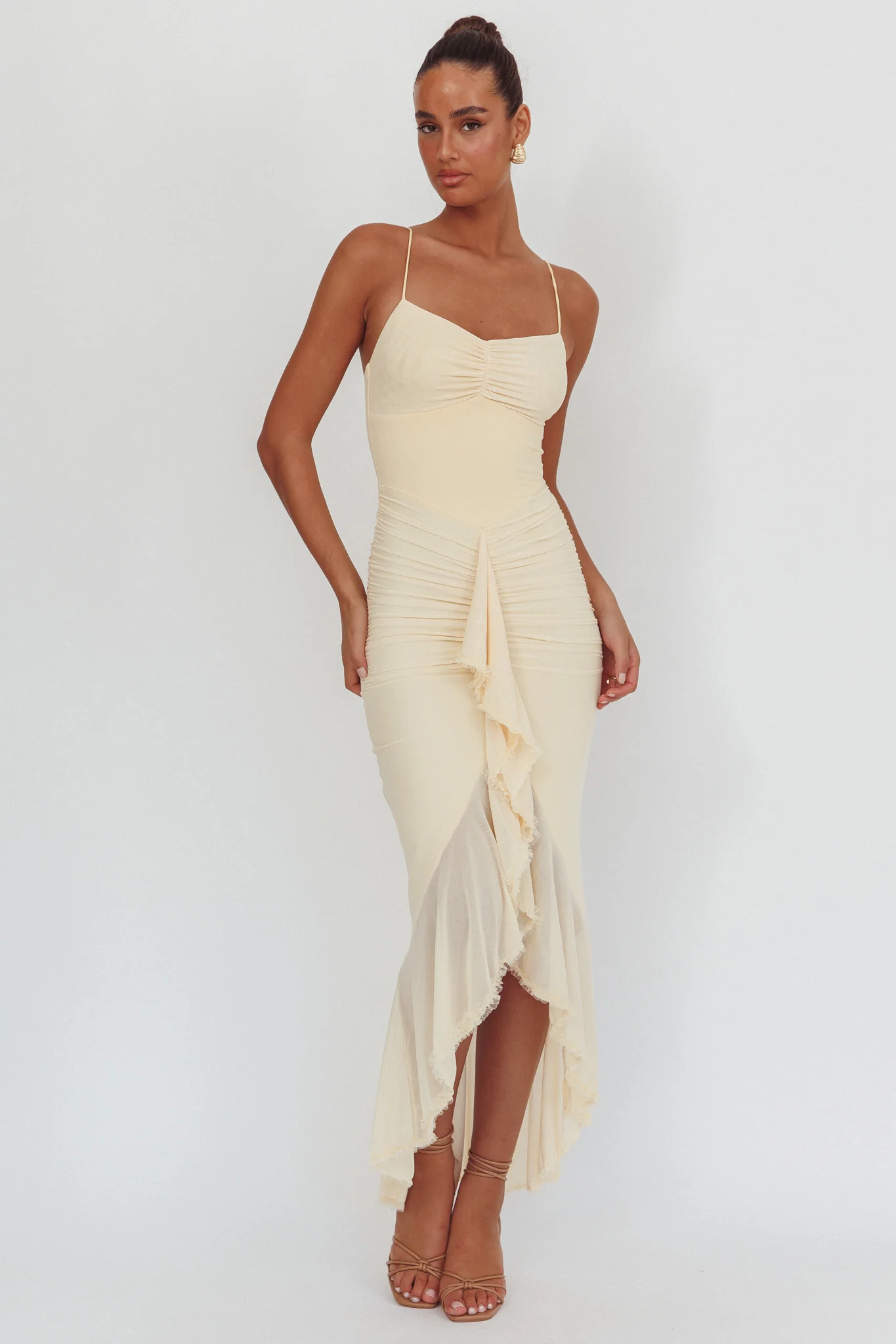 Kamilah Gathered Cascading Ruffle Midi Dress Butter
