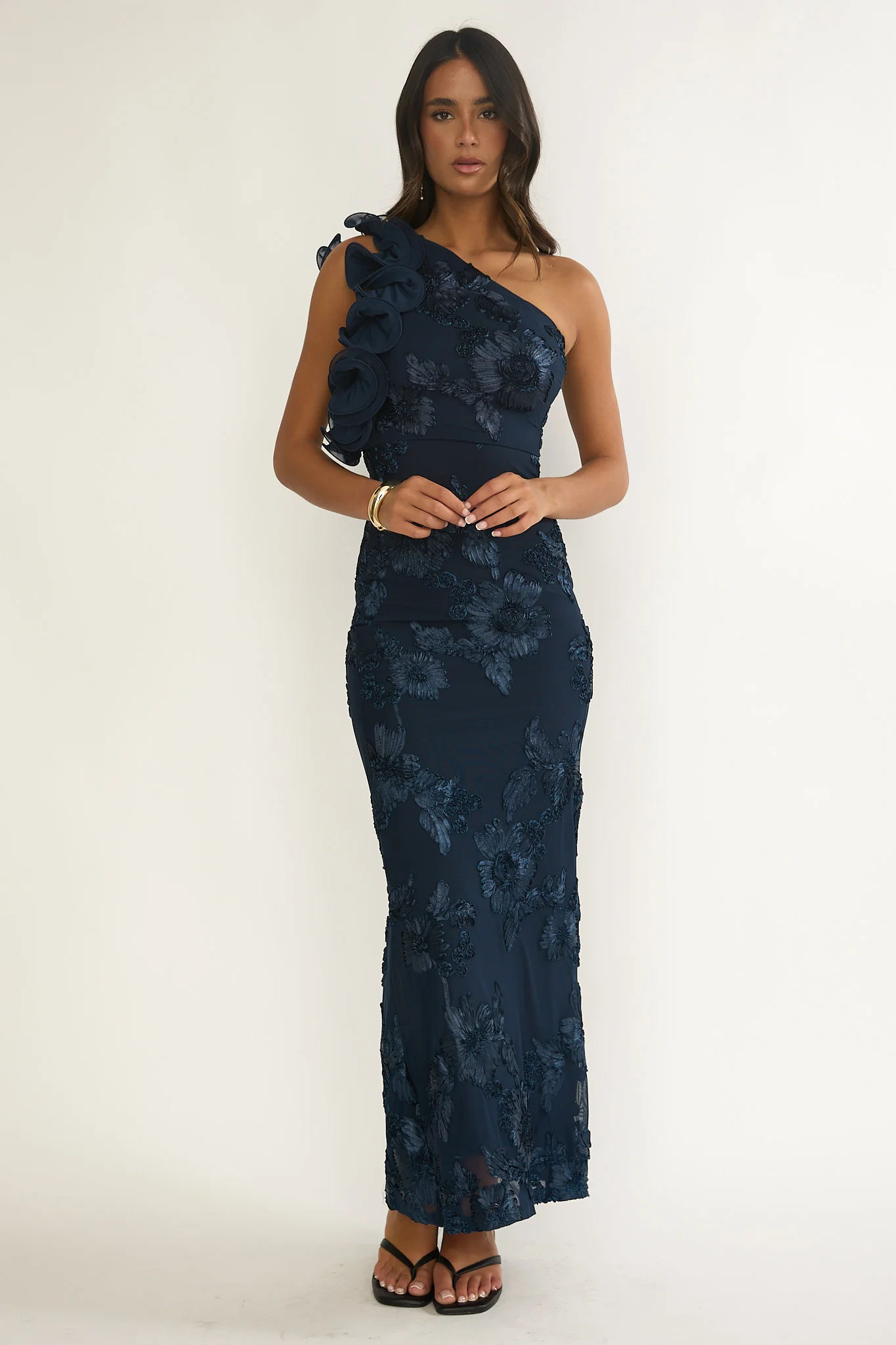 Deanna One-Shoulder Ruffle Maxi Dress Floral Navy