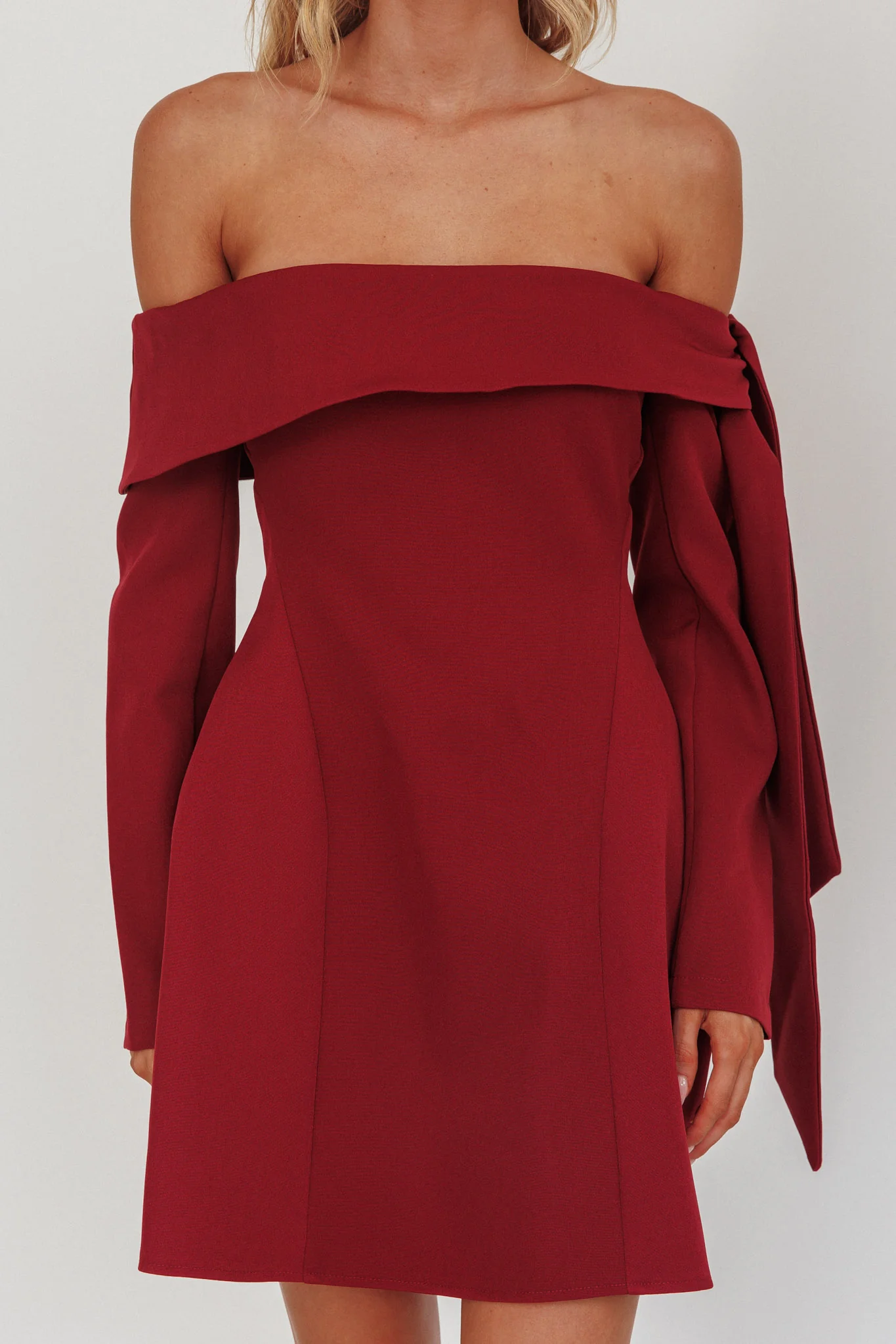 Aurora Sky Off-Shoulder Tie Mini Dress Wine
