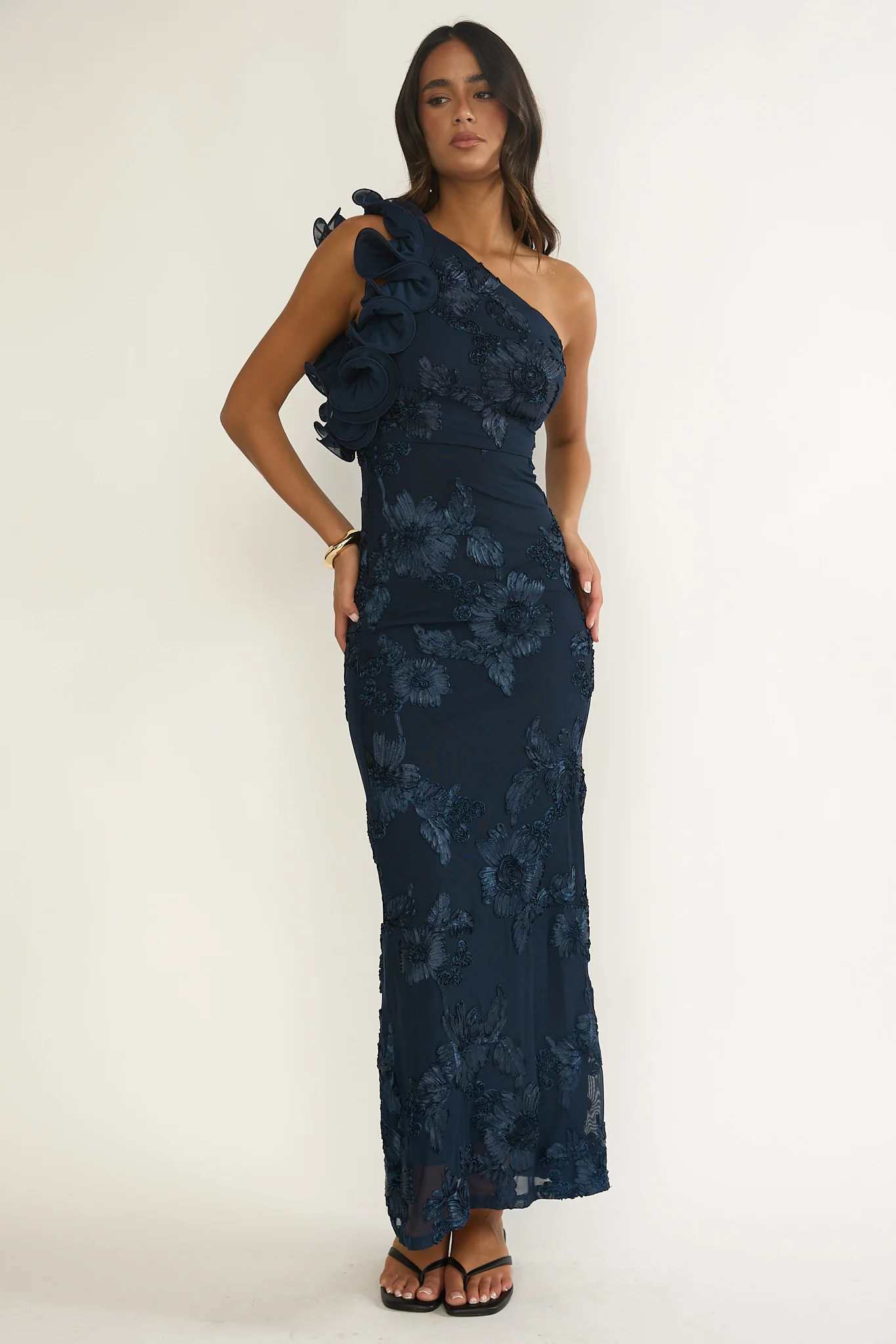 Deanna One-Shoulder Ruffle Maxi Dress Floral Navy