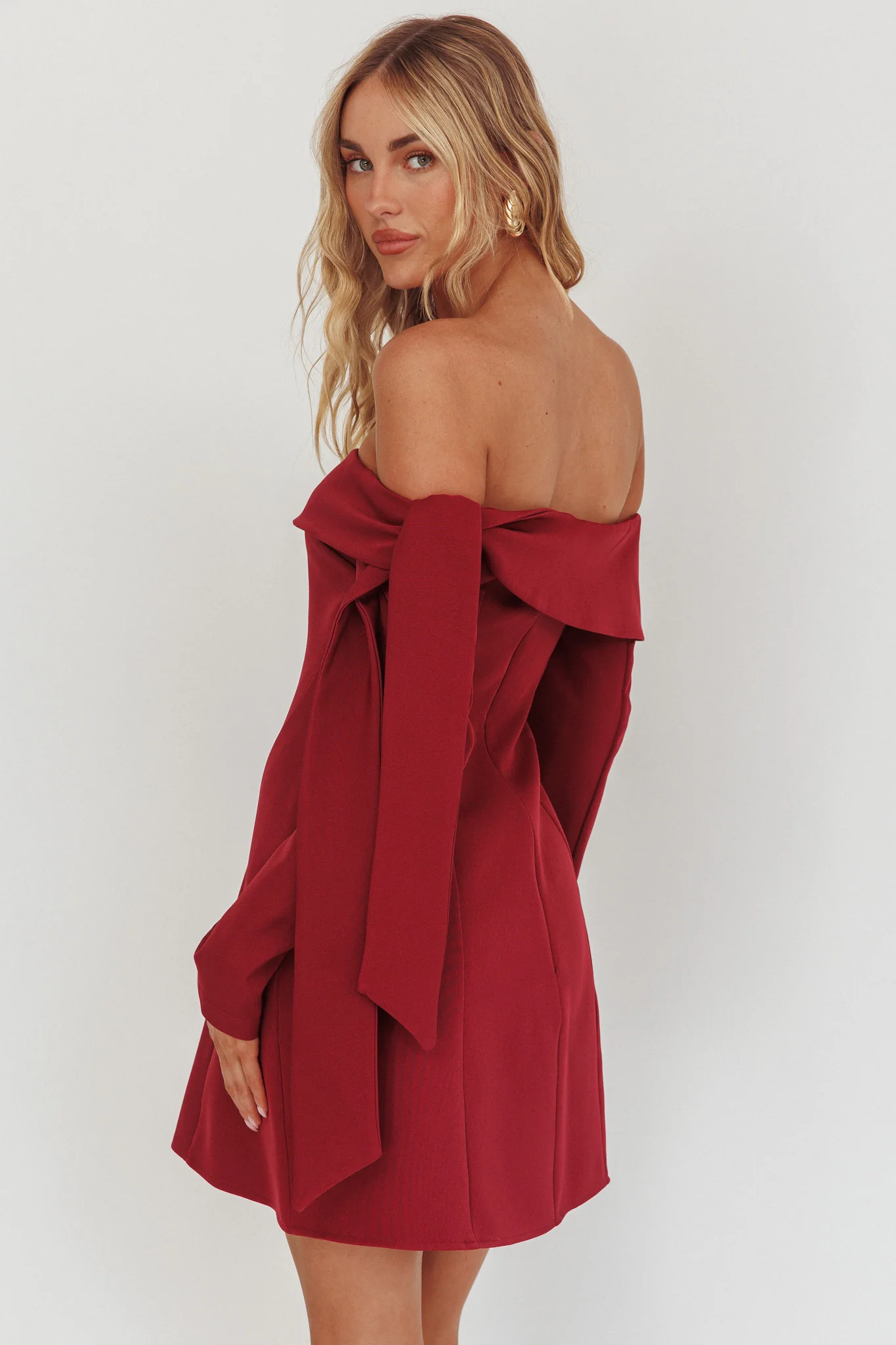 Aurora Sky Off-Shoulder Tie Mini Dress Wine