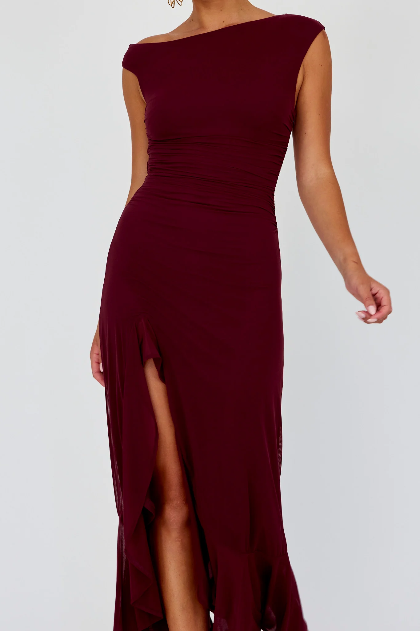Moonlit Magic Asymmetric Neckline Maxi Dress Wine