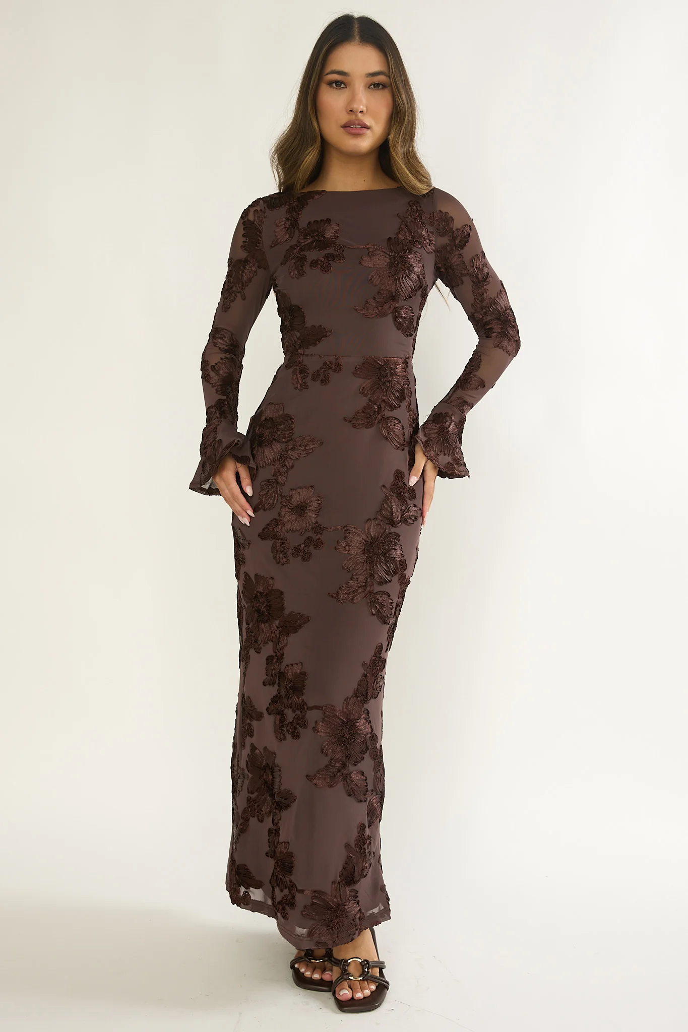 Helsi Long Sleeve Embellished Maxi Dress Brown