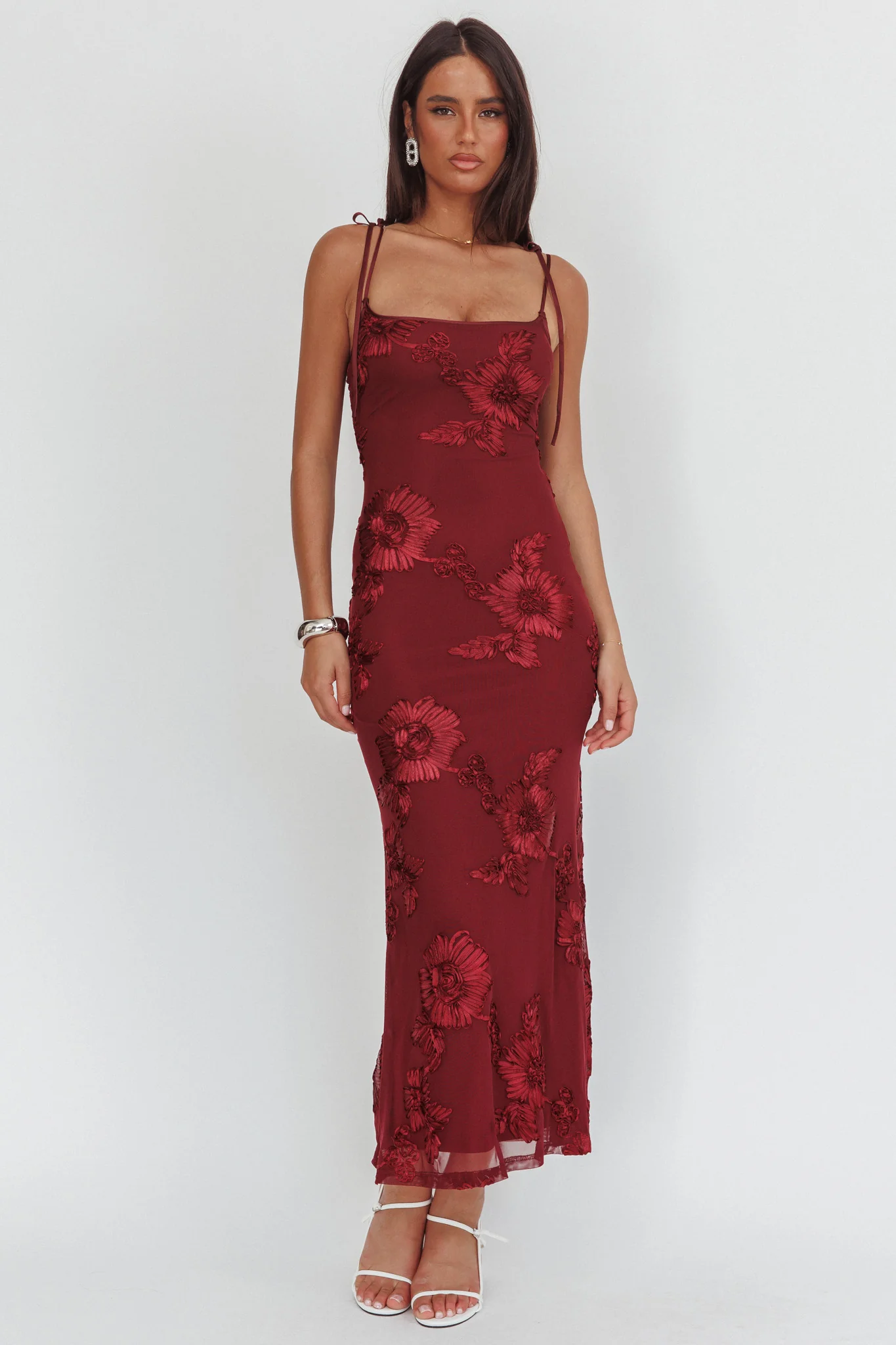 Kaela Tied Shoulder Maxi Dress Embellished Wine