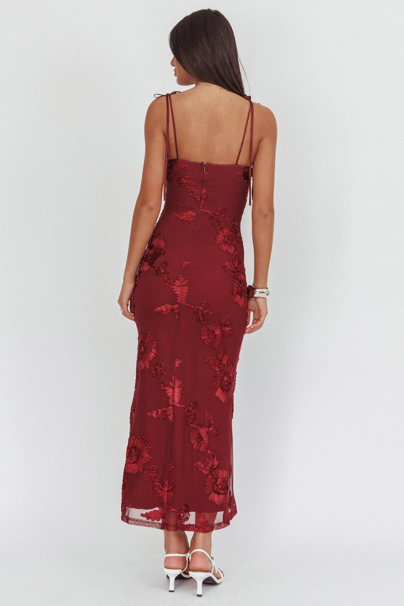 Kaela Tied Shoulder Maxi Dress Embellished Wine