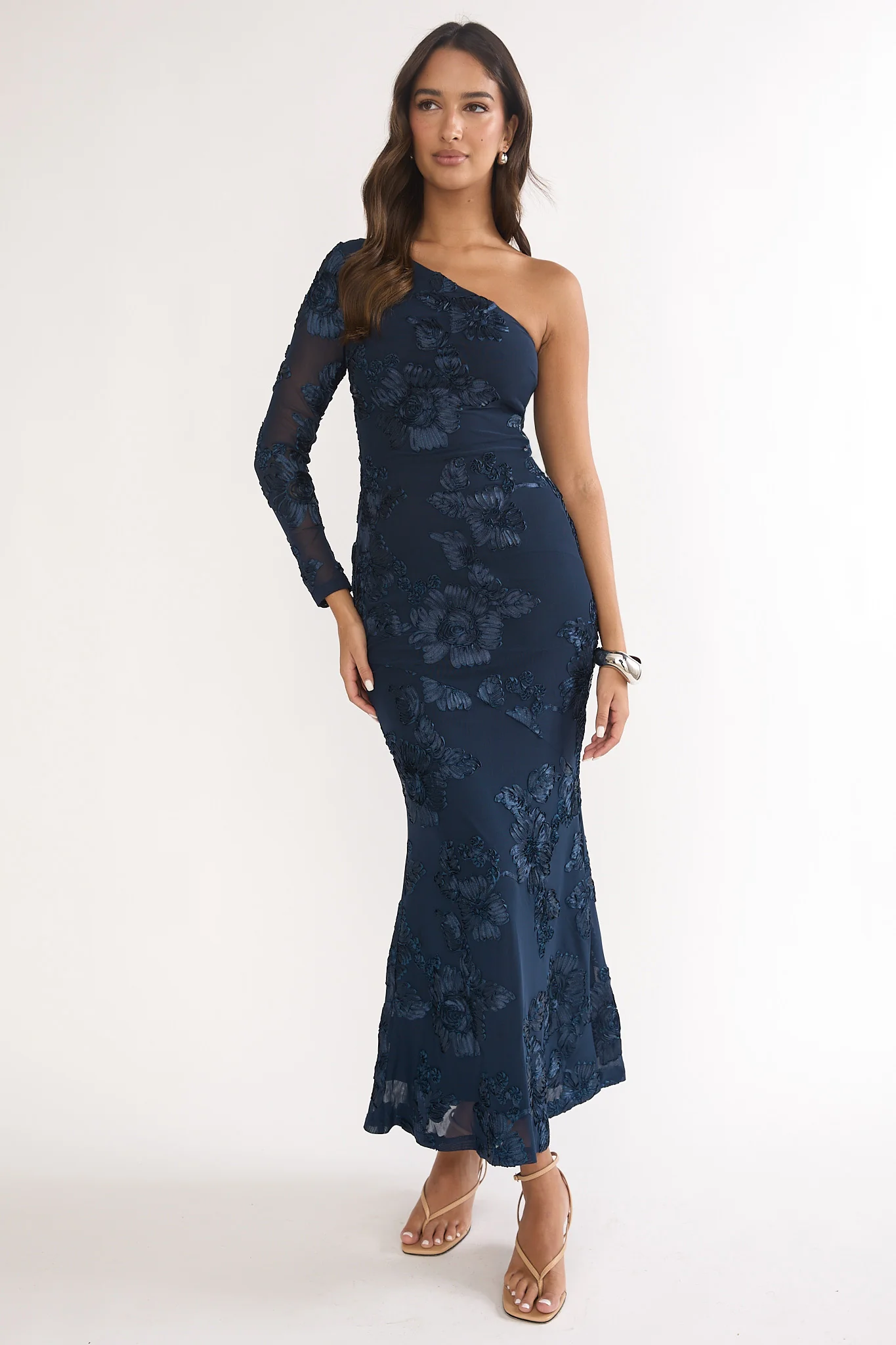 Deanna One-Shoulder Sleeve Maxi Dress Embellished Navy