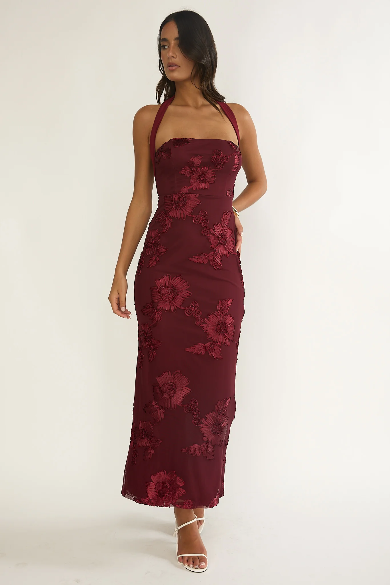 Serenya Halterneck Embellished Maxi Dress Wine