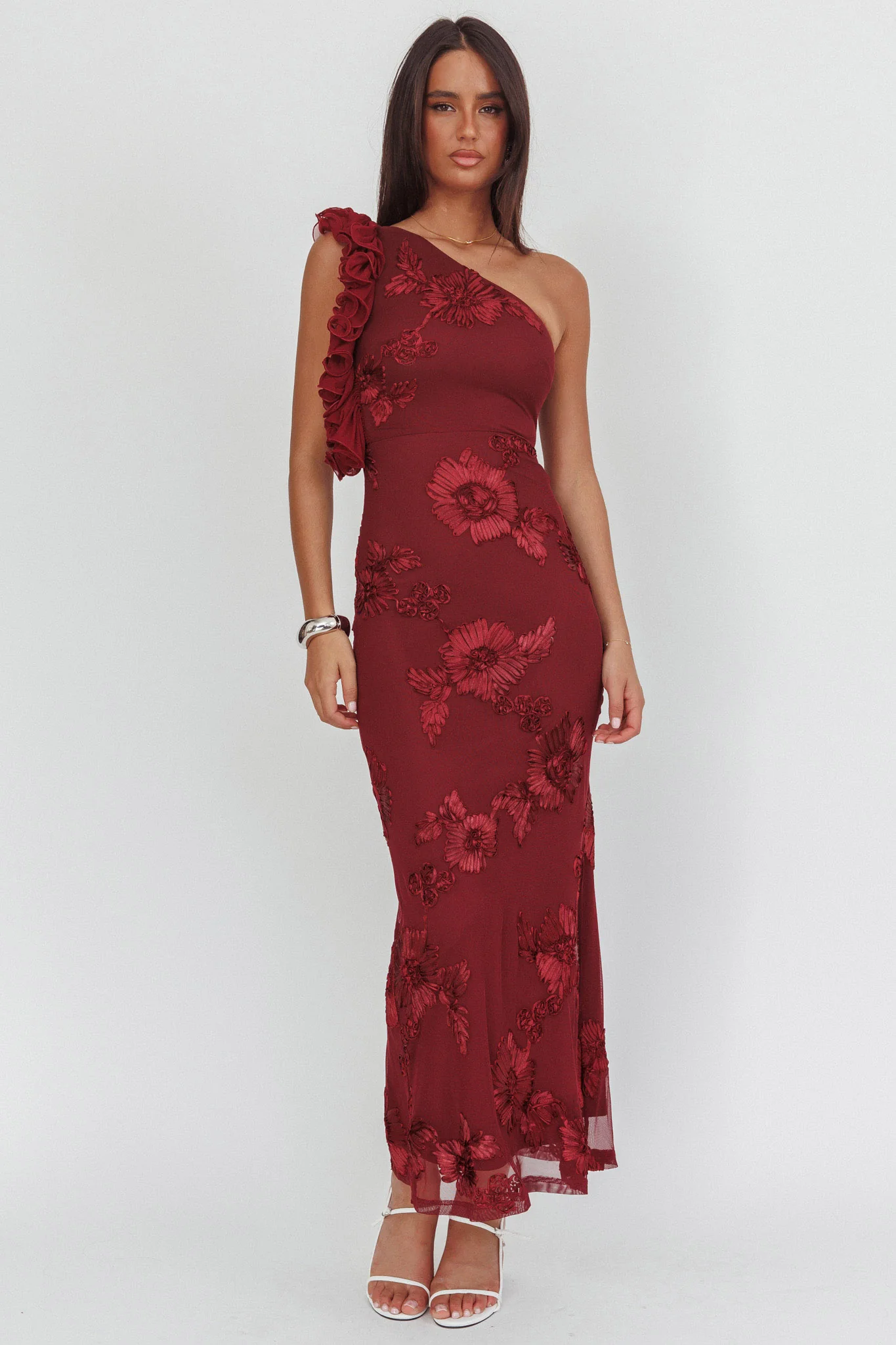 Deanna One-Shoulder Ruffle Maxi Dress Floral Texture Wine