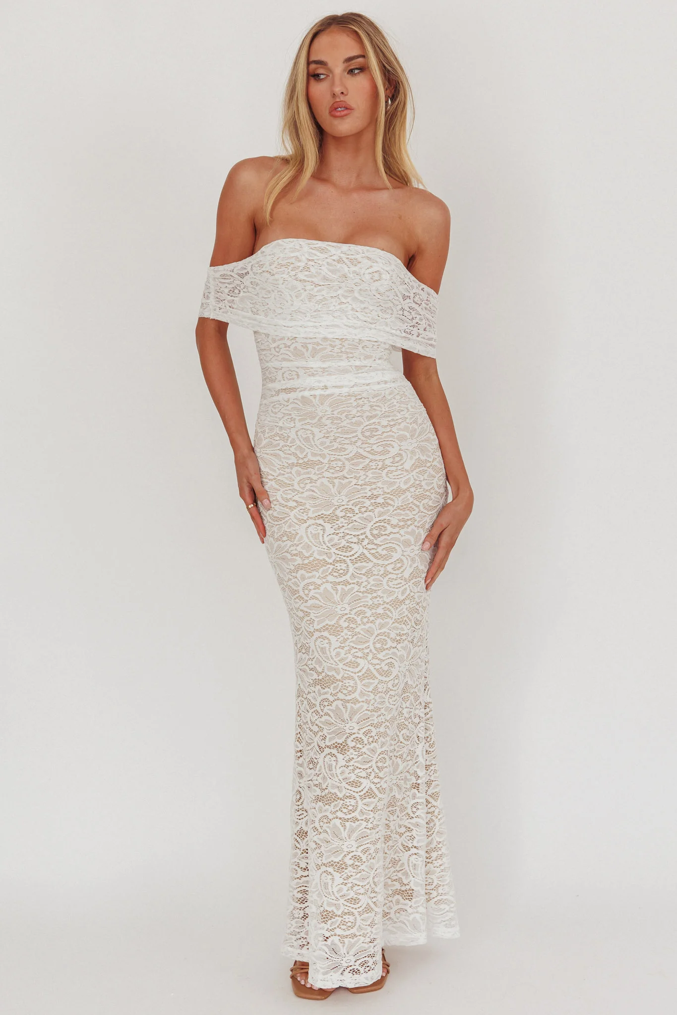 Flutters Off-Shoulder Lace Maxi Dress White