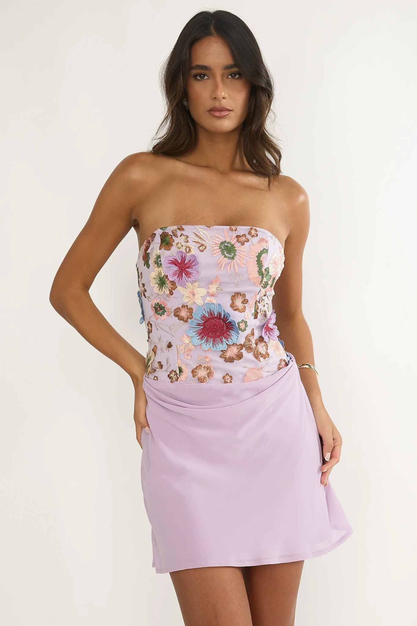Ulyssia Strapless Floral Embellished Mini Dress Purple