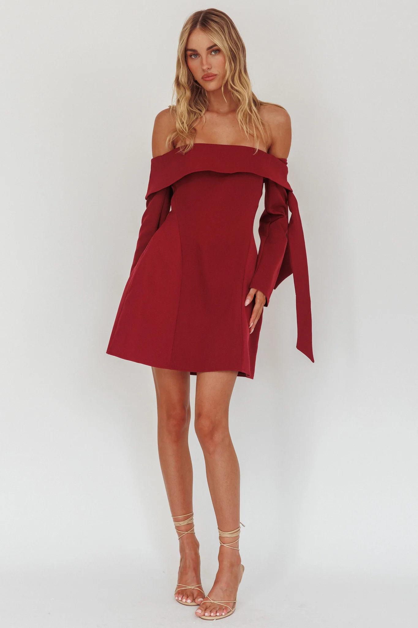 Aurora Sky Off-Shoulder Tie Mini Dress Wine