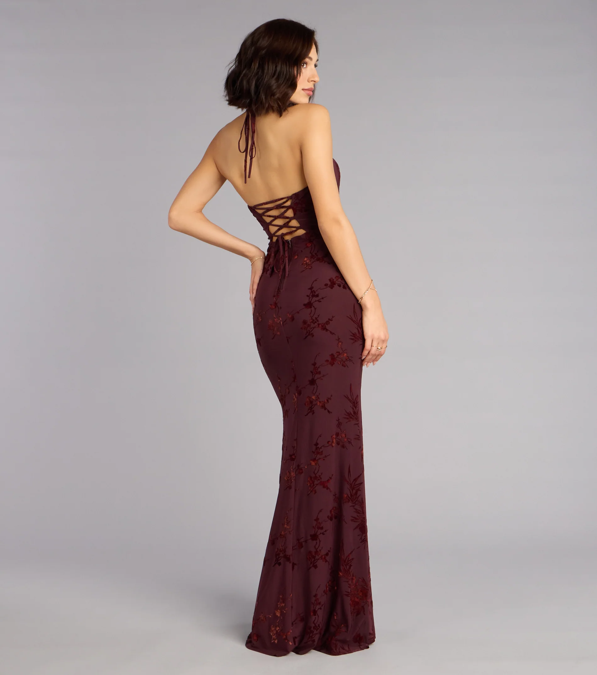 Erin Flocked Velvet Lace-Up Mermaid Formal Dress