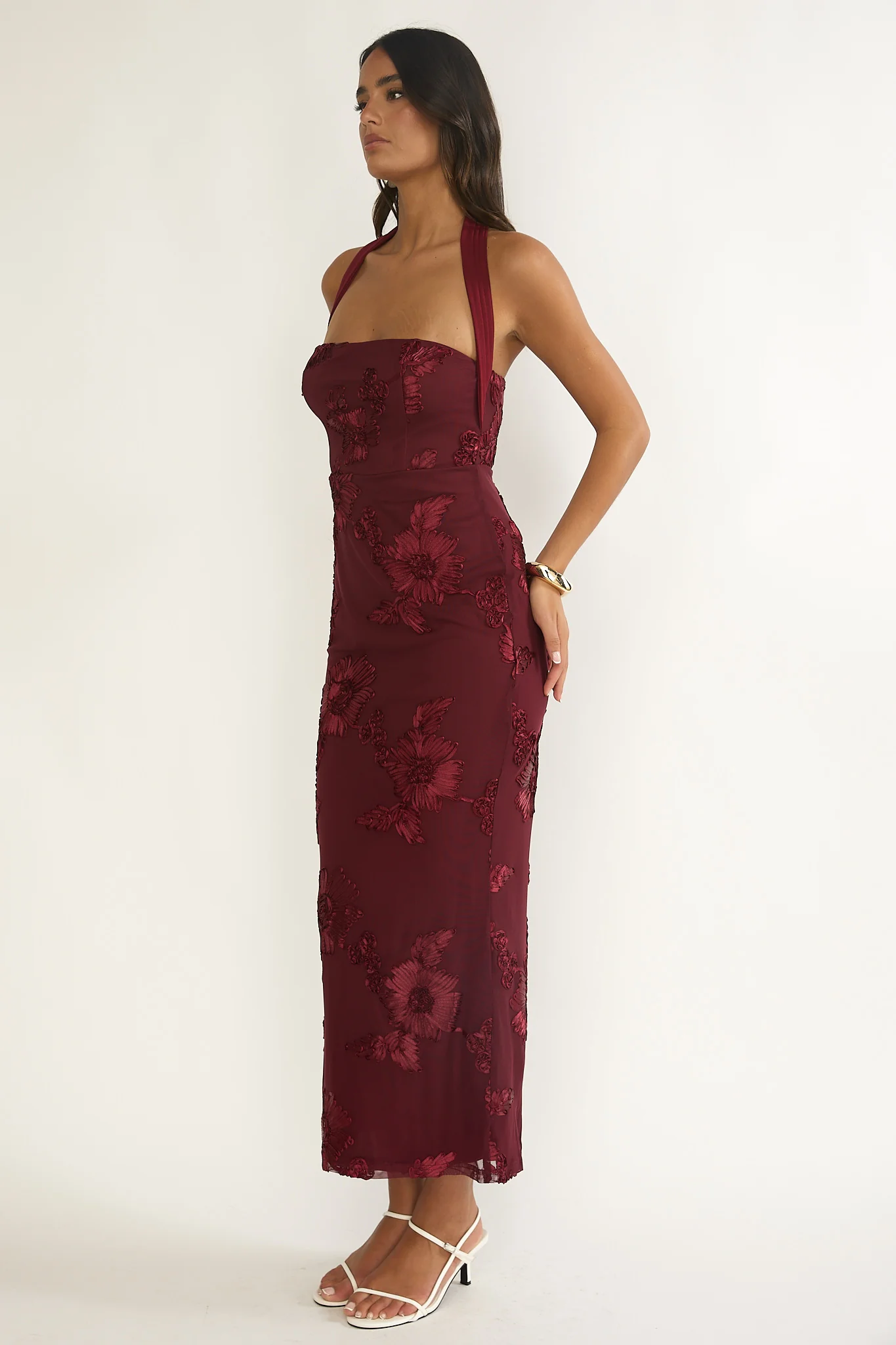 Serenya Halterneck Embellished Maxi Dress Wine