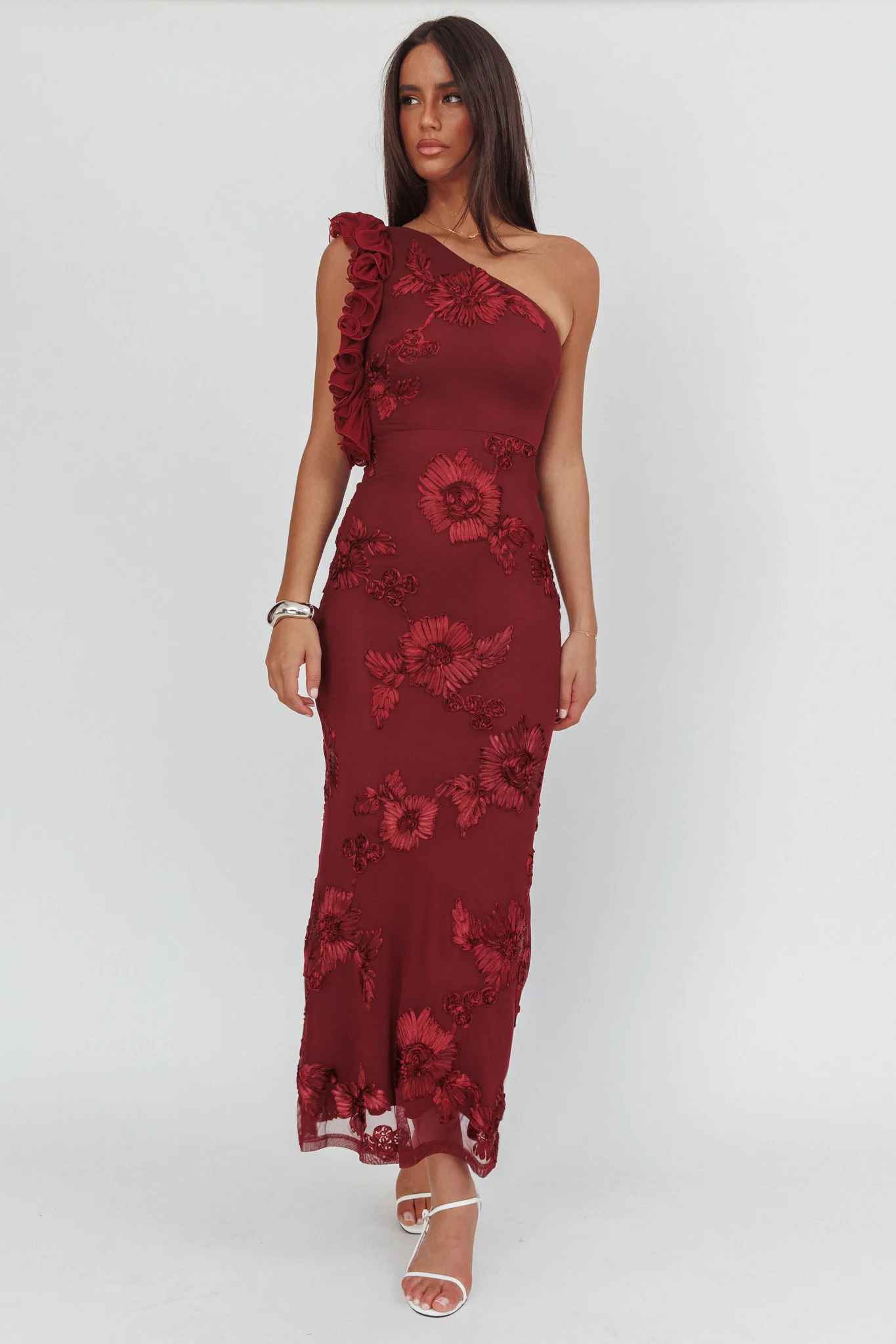 Deanna One-Shoulder Ruffle Maxi Dress Floral Texture Wine