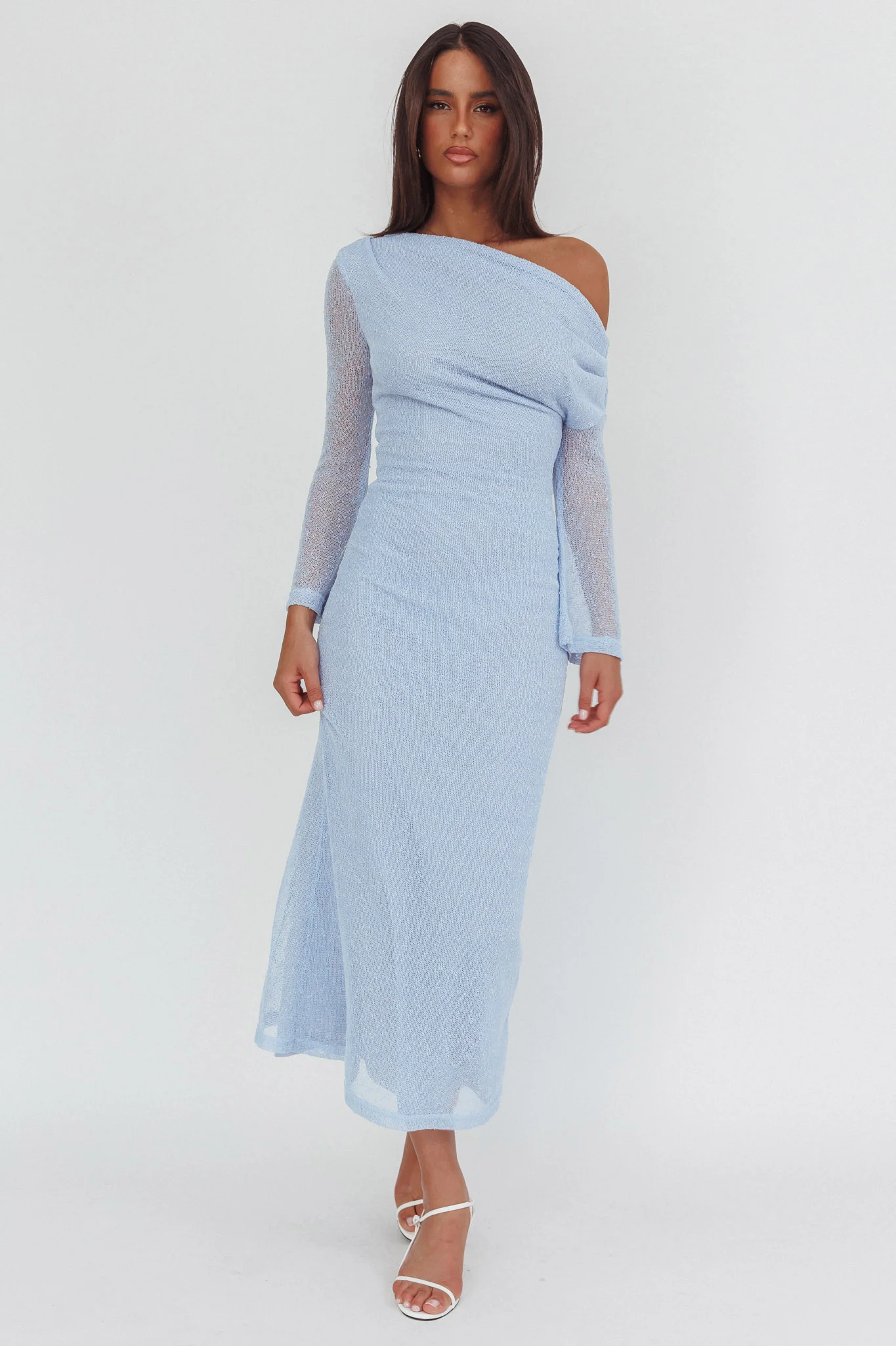 Alivya Asymmetric Neckline Knit Maxi Dress Blue