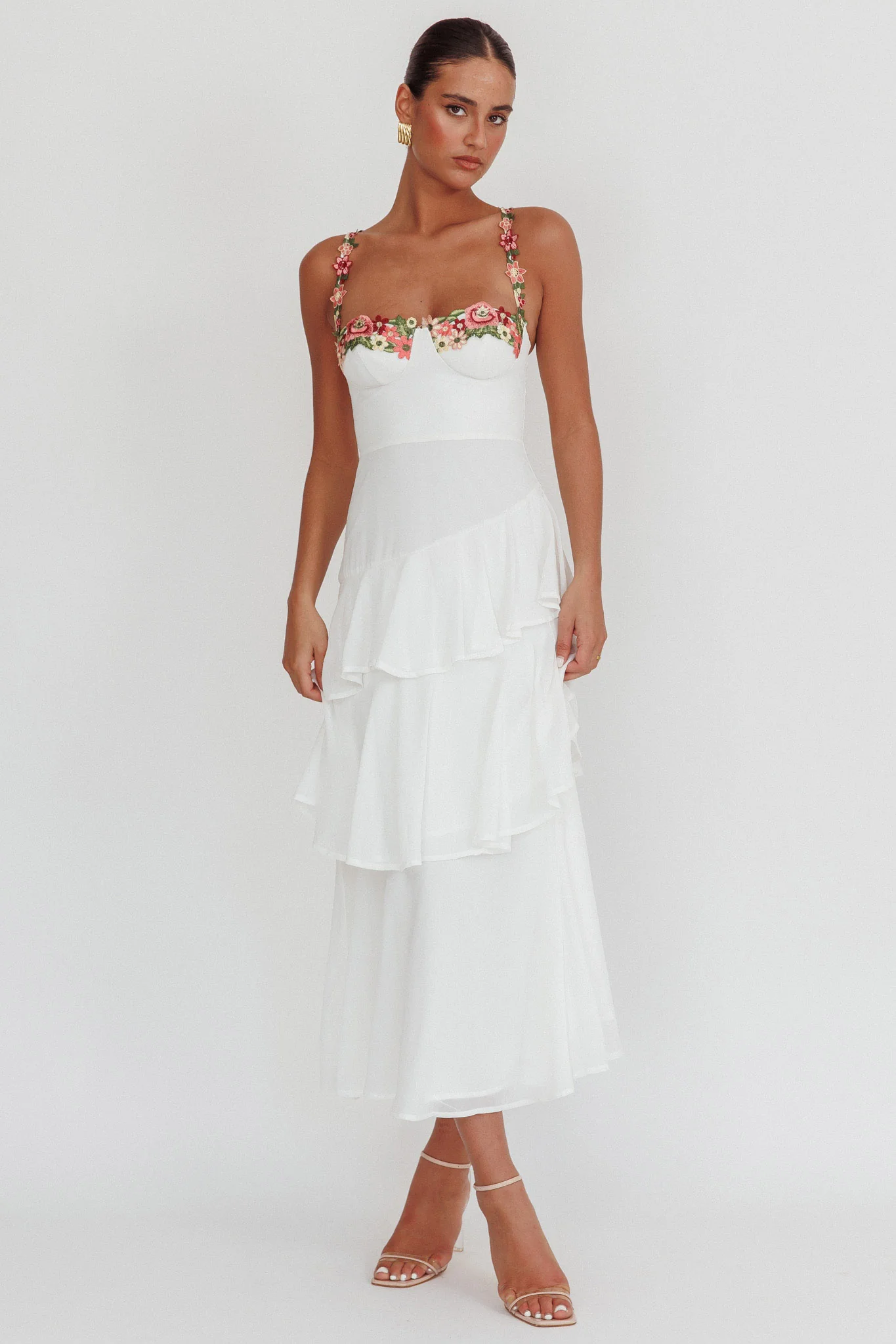 Rose Garden Tiered Ruffle Floral Trim Maxi Dress White