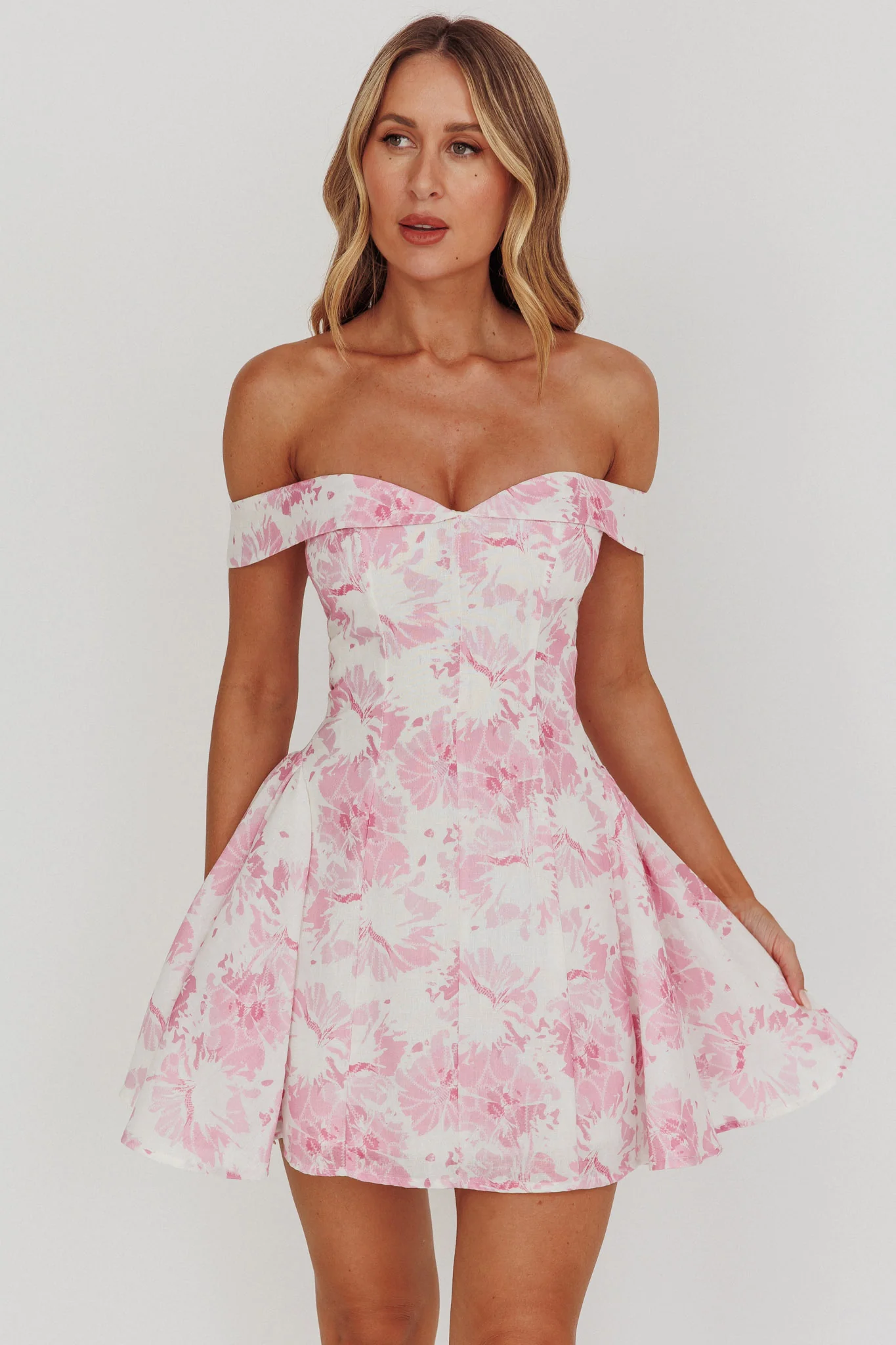Courting Off-Shoulder Mini Dress Floral Pink