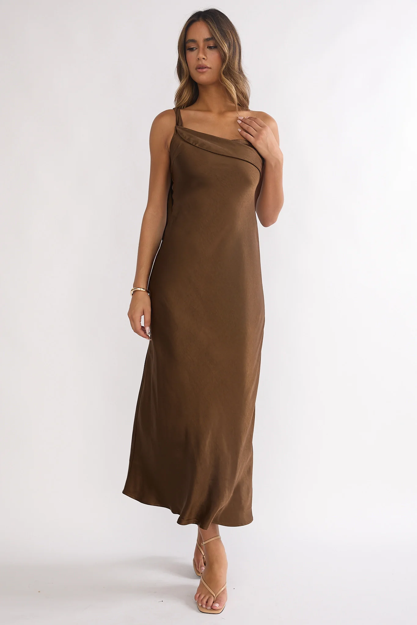 Carmel One-Shoulder Sash Maxi Dress Chocolate