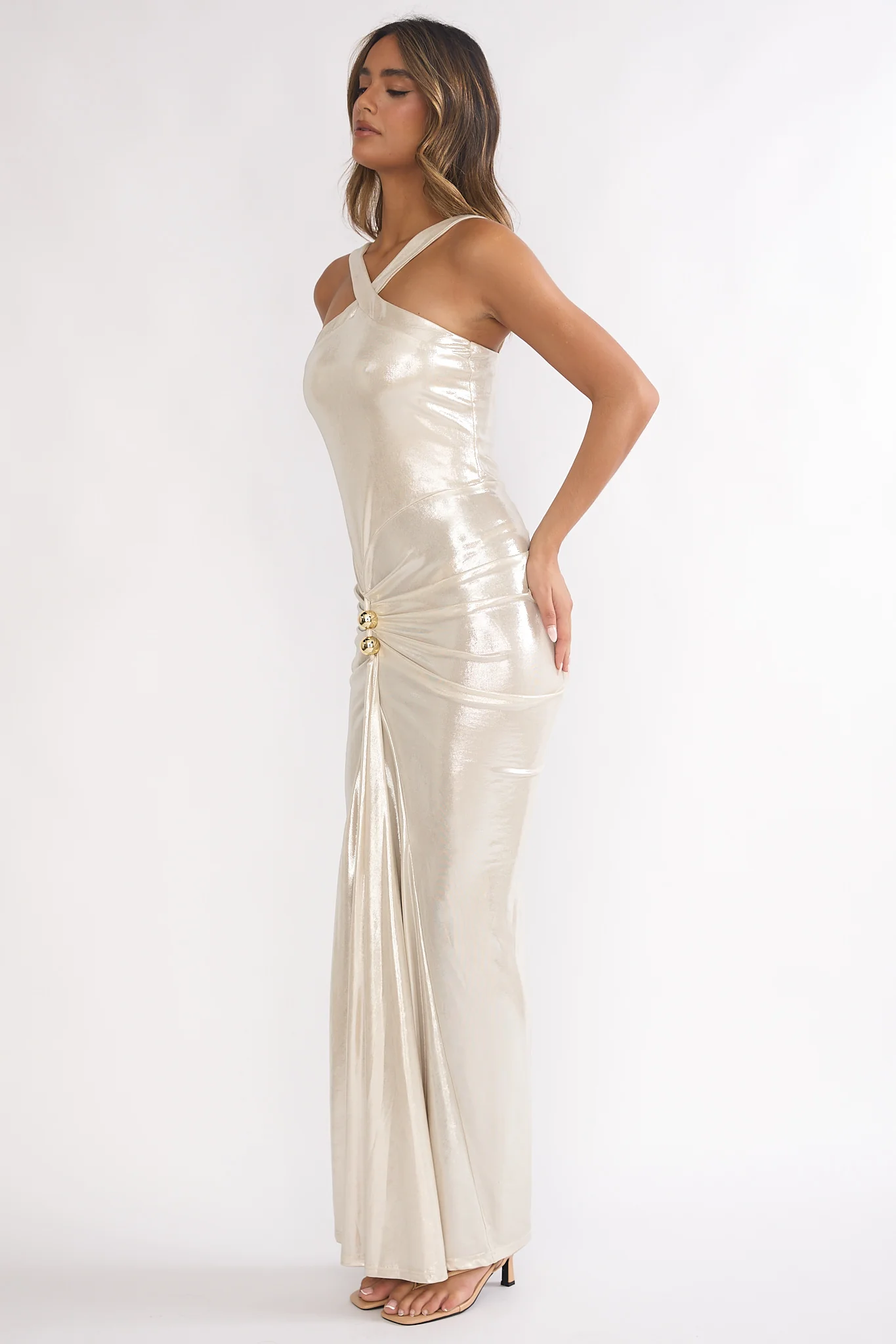Delaina Ruched Waist Gold Accent Maxi Dress Pearl