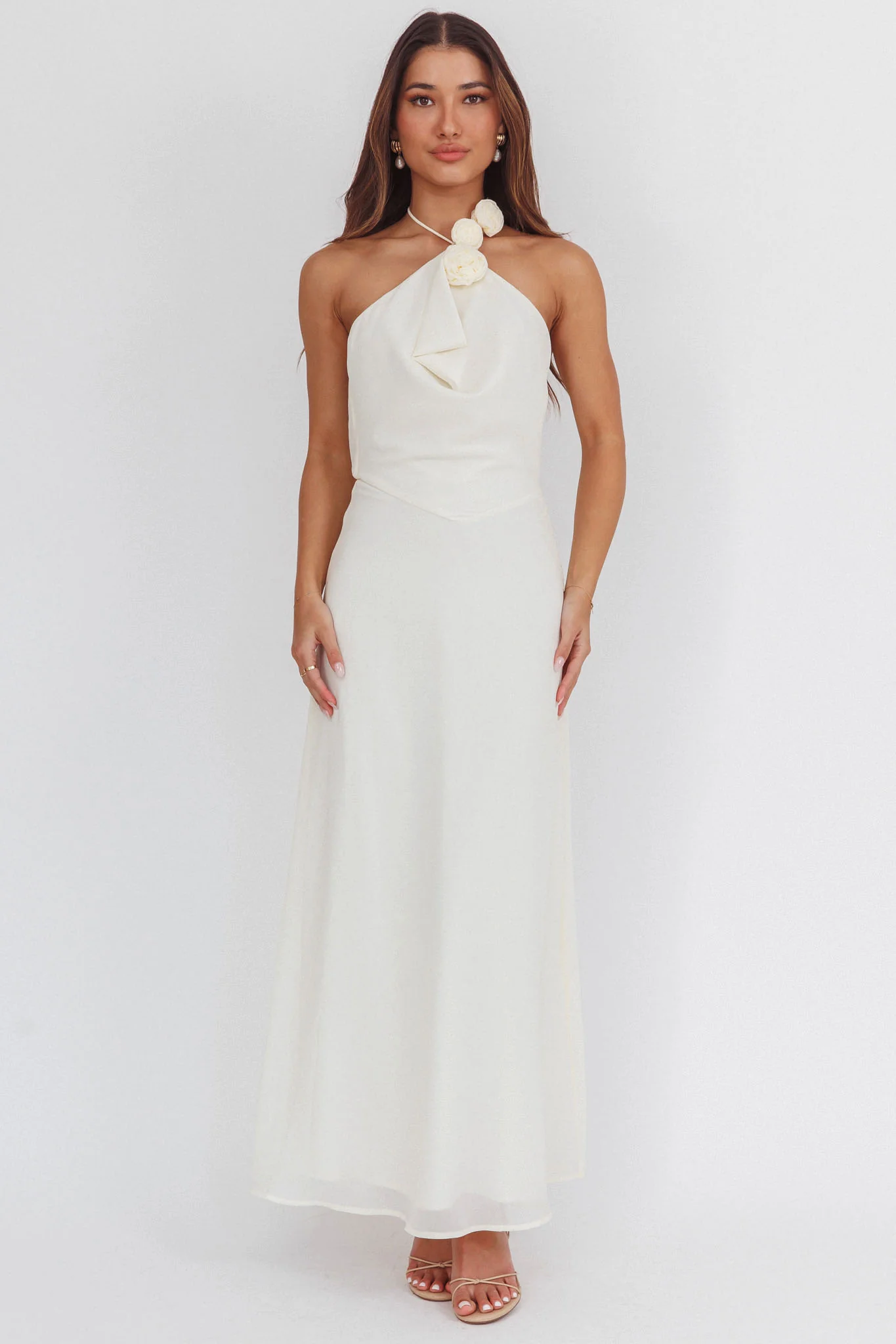 Petronilla Rosette Halterneck Maxi Dress Eggshell