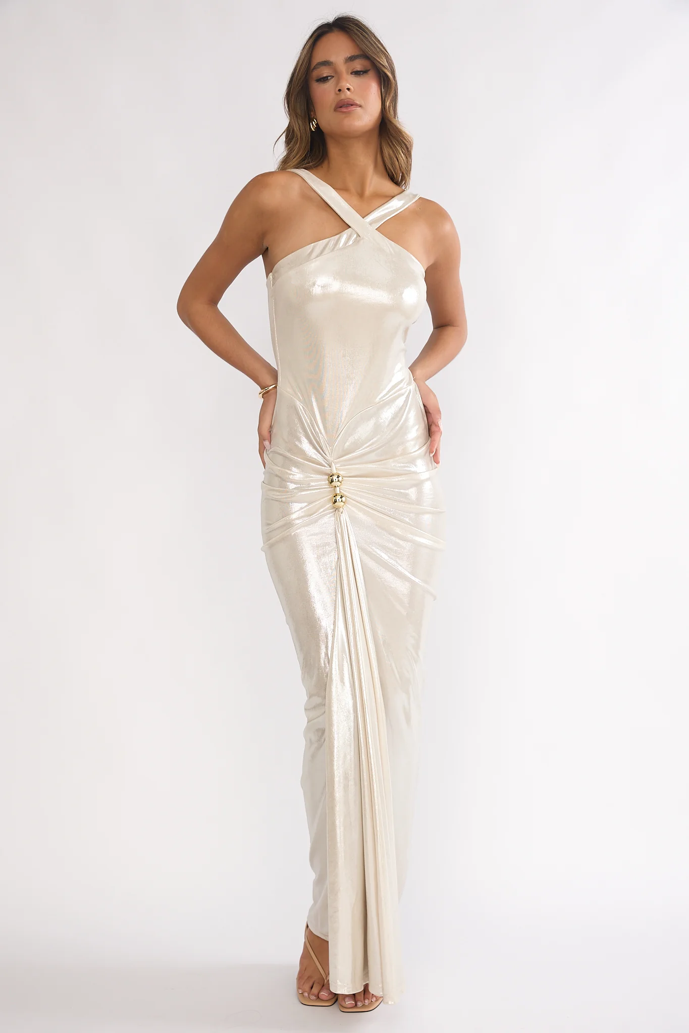 Delaina Ruched Waist Gold Accent Maxi Dress Pearl
