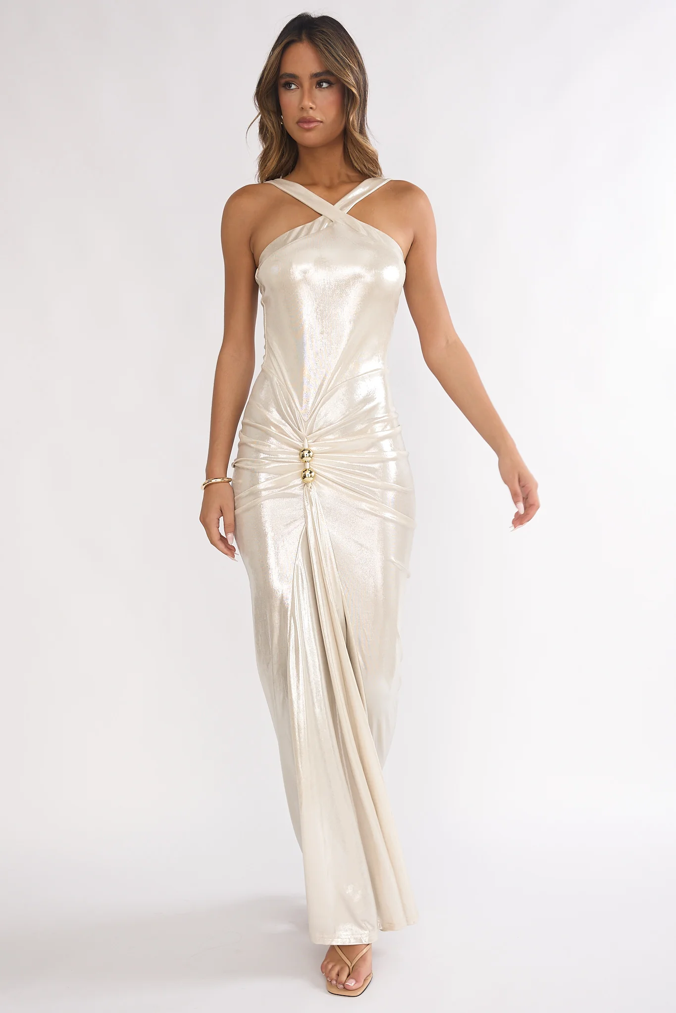 Delaina Ruched Waist Gold Accent Maxi Dress Pearl